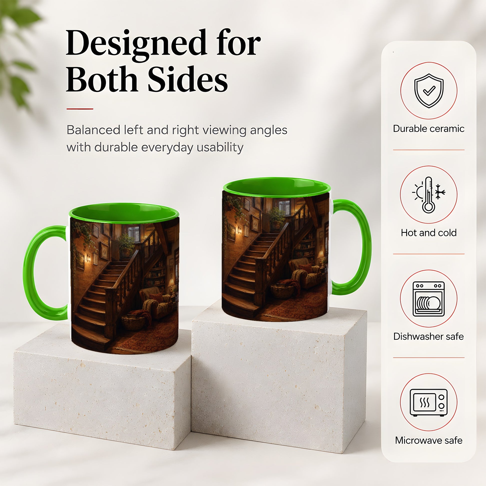 #pl[11oz|Green] Cozy Wooden Staircase Ceramic Mug, Warm Cottage Interior Art
