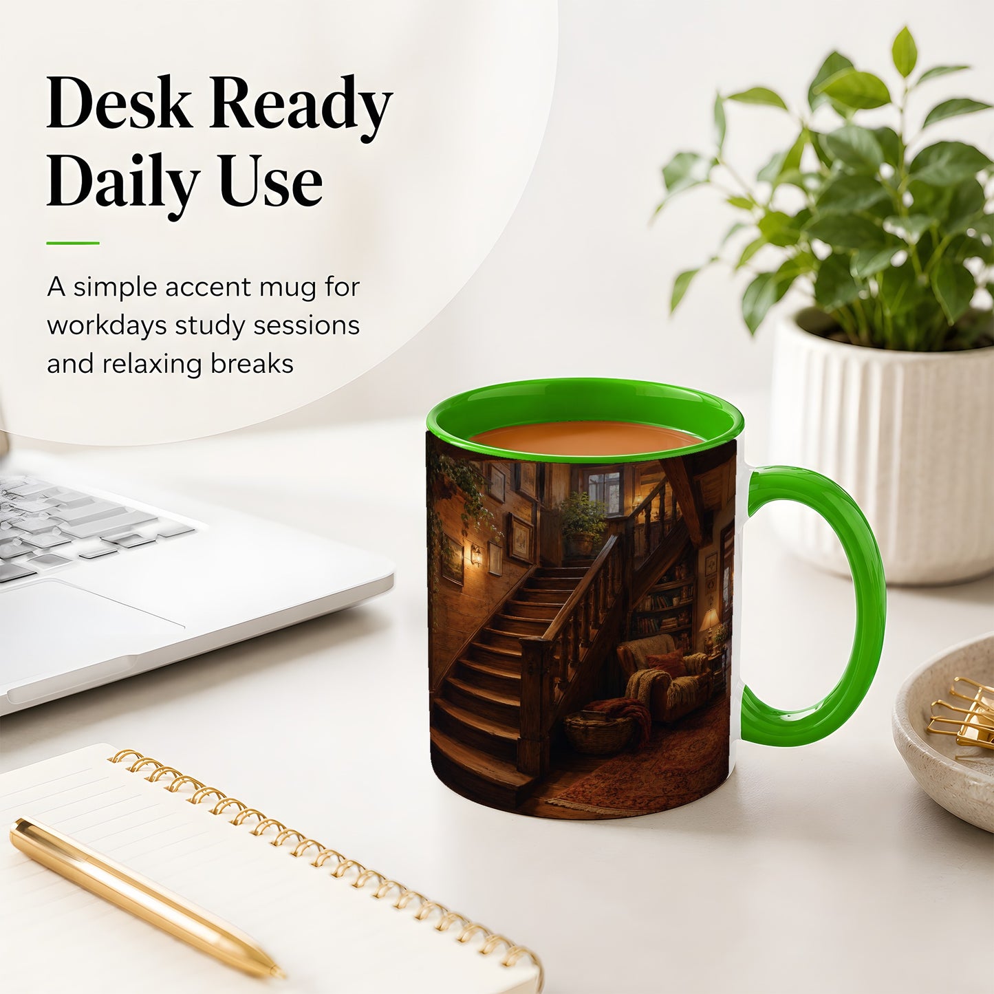 #pl[11oz|Green] Cozy Wooden Staircase Ceramic Mug, Warm Cottage Interior Art