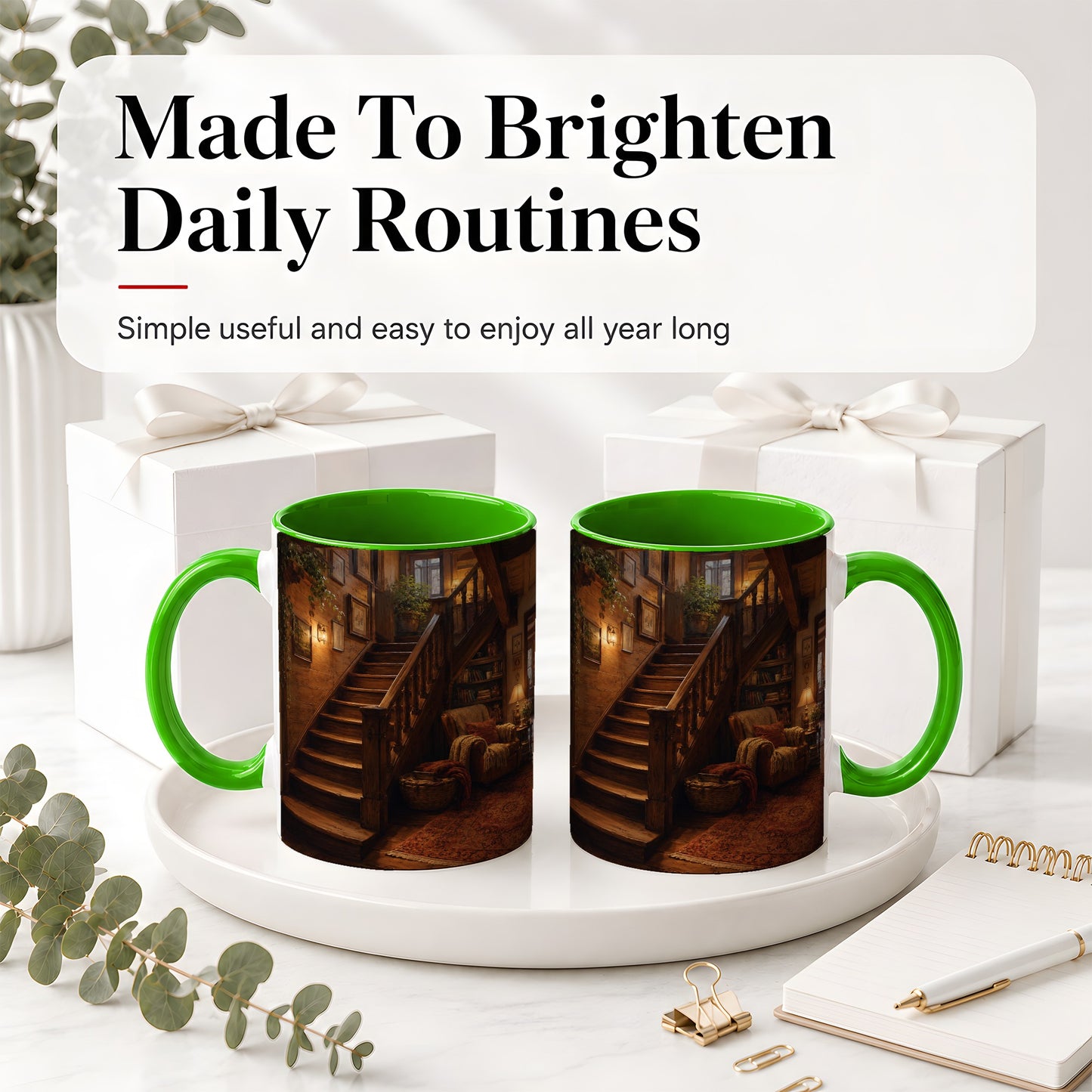 #pl[11oz|Green] Cozy Wooden Staircase Ceramic Mug, Warm Cottage Interior Art