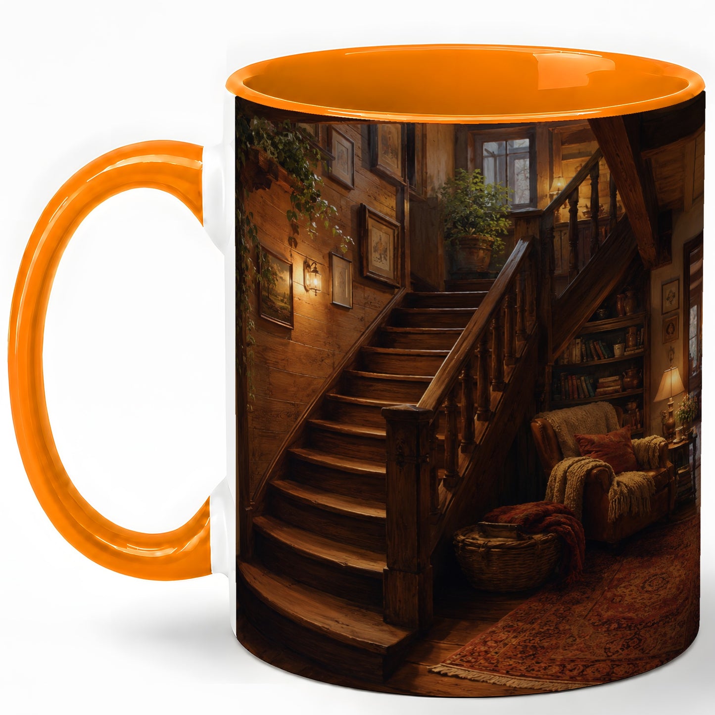 #pl[11oz|Orange] Cozy Wooden Staircase Ceramic Mug, Warm Cottage Interior Art