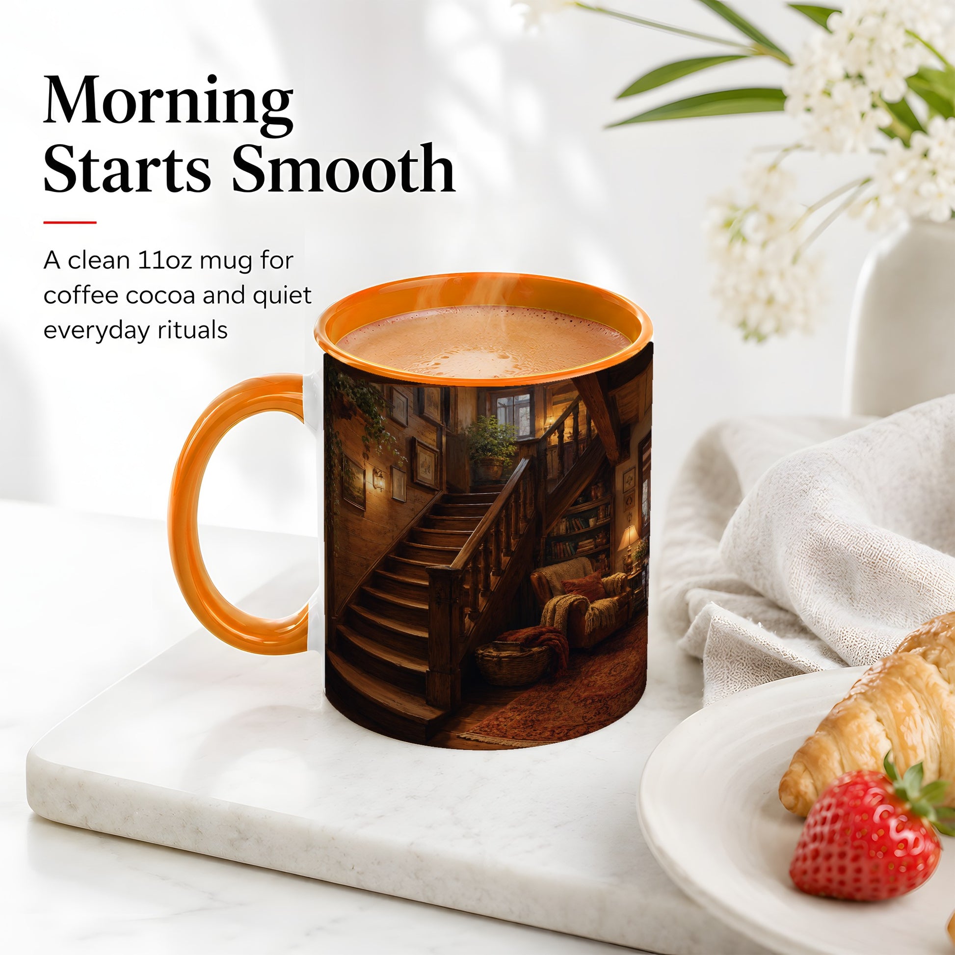 #pl[11oz|Orange] Cozy Wooden Staircase Ceramic Mug, Warm Cottage Interior Art