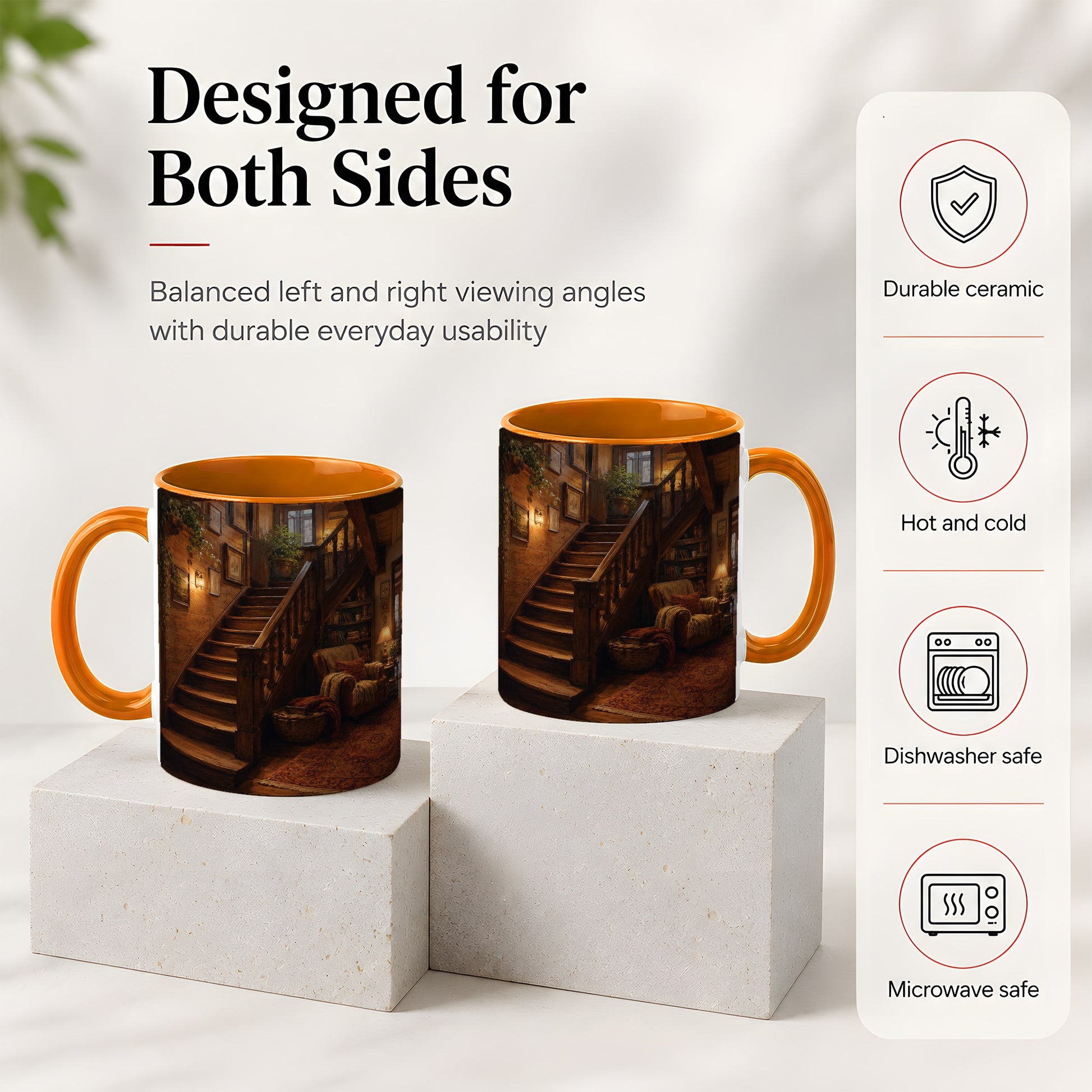 #pl[11oz|Orange] Cozy Wooden Staircase Ceramic Mug, Warm Cottage Interior Art