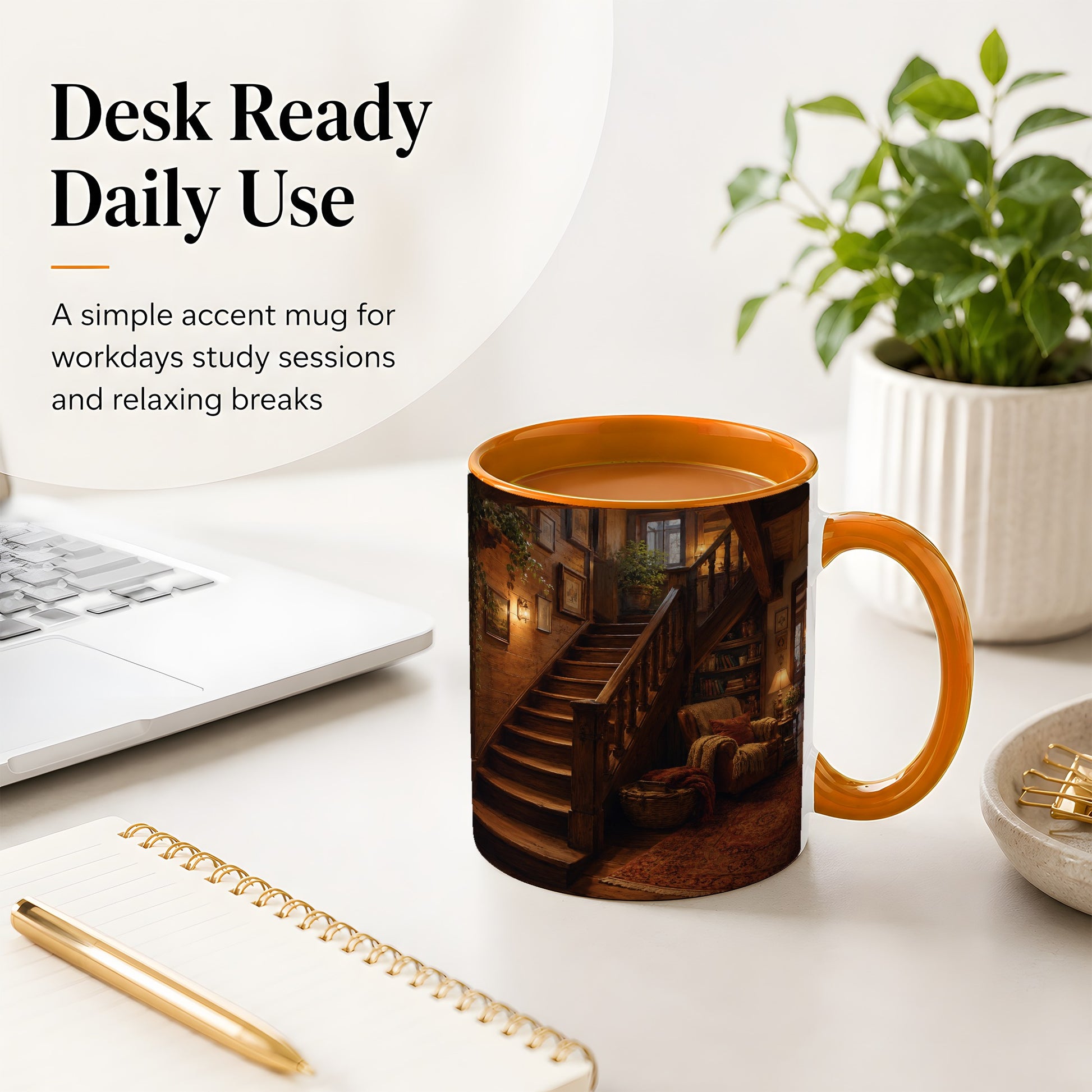 #pl[11oz|Orange] Cozy Wooden Staircase Ceramic Mug, Warm Cottage Interior Art