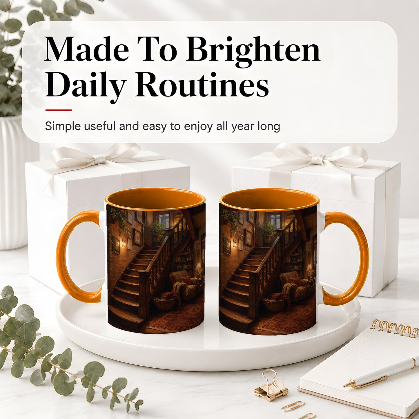 #pl[11oz|Orange] Cozy Wooden Staircase Ceramic Mug, Warm Cottage Interior Art