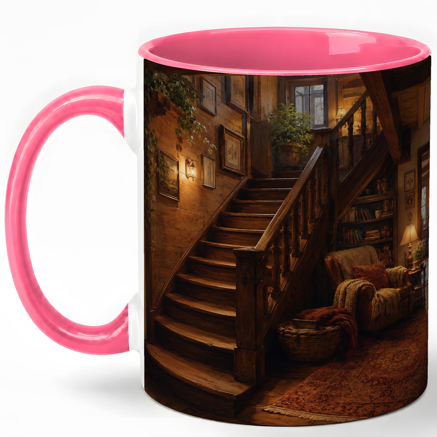 #pl[11oz|Pink] Cozy Wooden Staircase Ceramic Mug, Warm Cottage Interior Art