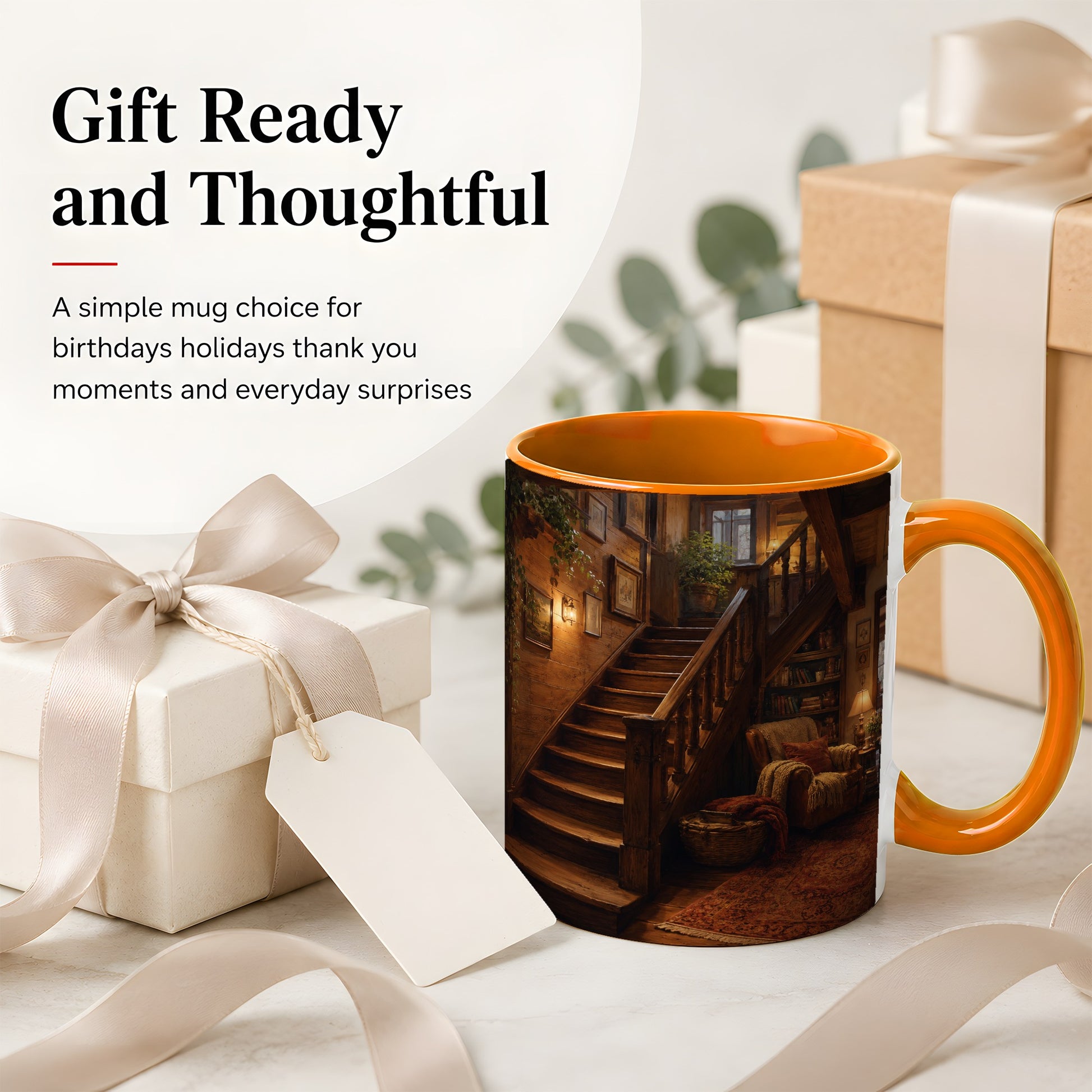 #pl[11oz|Orange] Cozy Wooden Staircase Ceramic Mug, Warm Cottage Interior Art