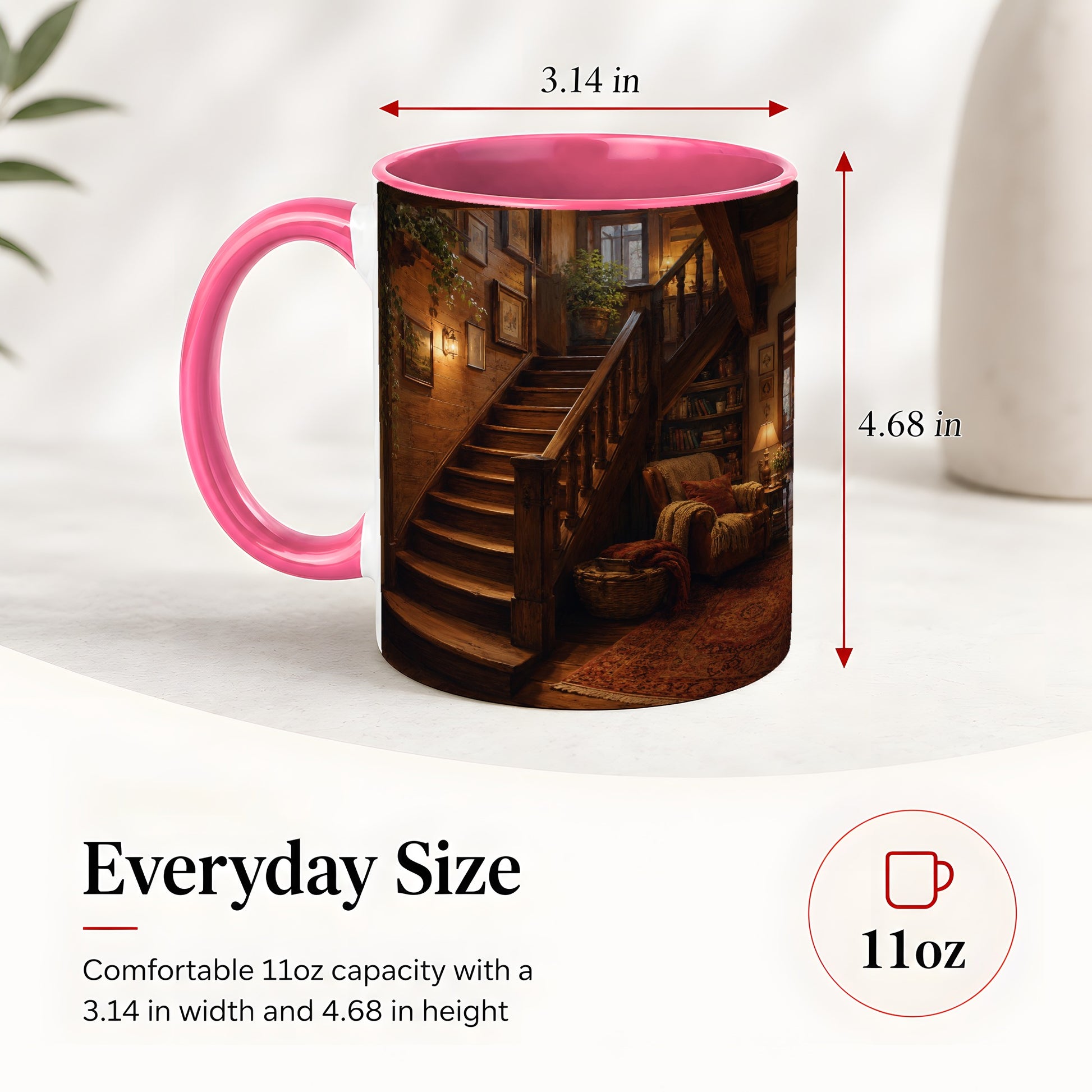 #pl[11oz|Pink] Cozy Wooden Staircase Ceramic Mug, Warm Cottage Interior Art