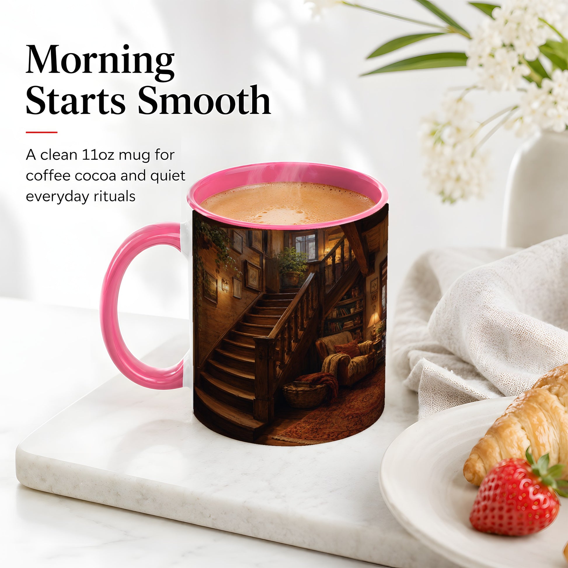 #pl[11oz|Pink] Cozy Wooden Staircase Ceramic Mug, Warm Cottage Interior Art