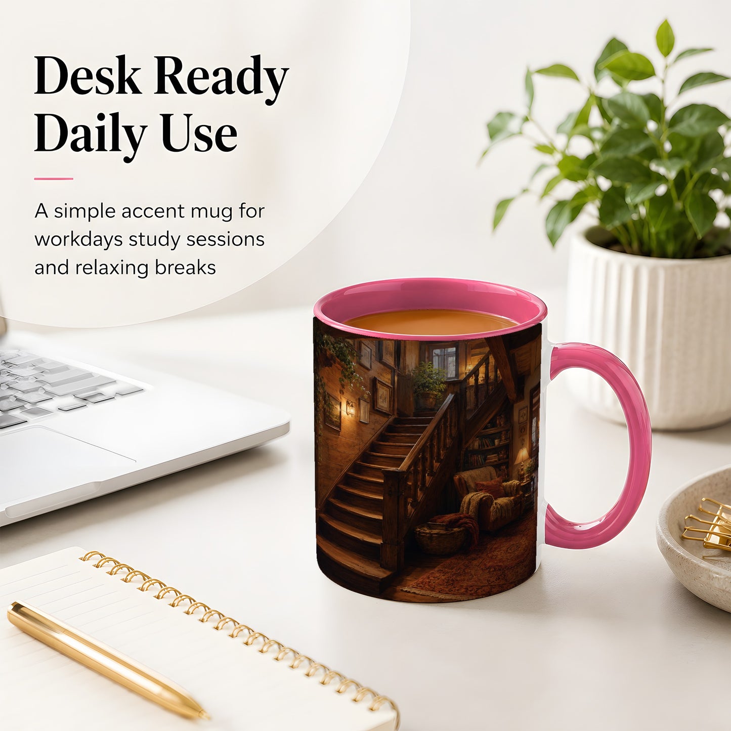 #pl[11oz|Pink] Cozy Wooden Staircase Ceramic Mug, Warm Cottage Interior Art