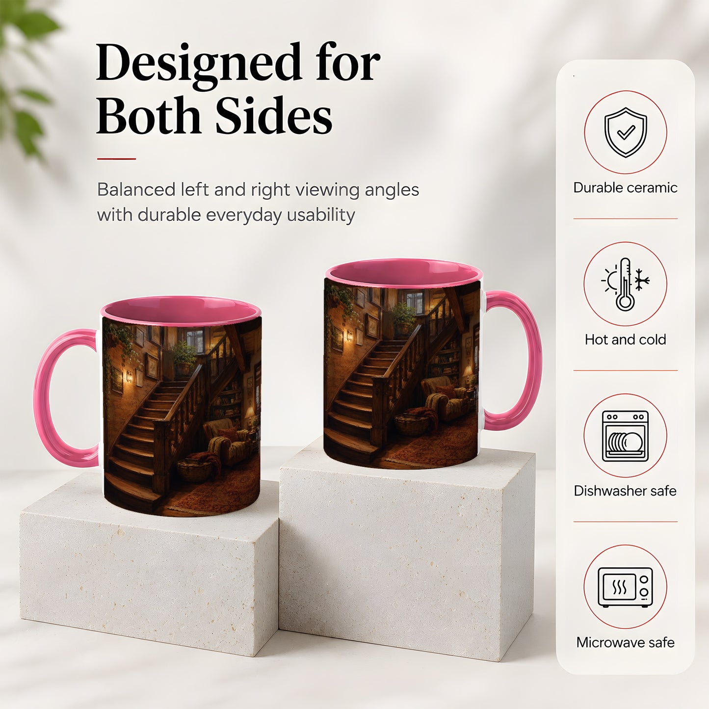 #pl[11oz|Pink] Cozy Wooden Staircase Ceramic Mug, Warm Cottage Interior Art