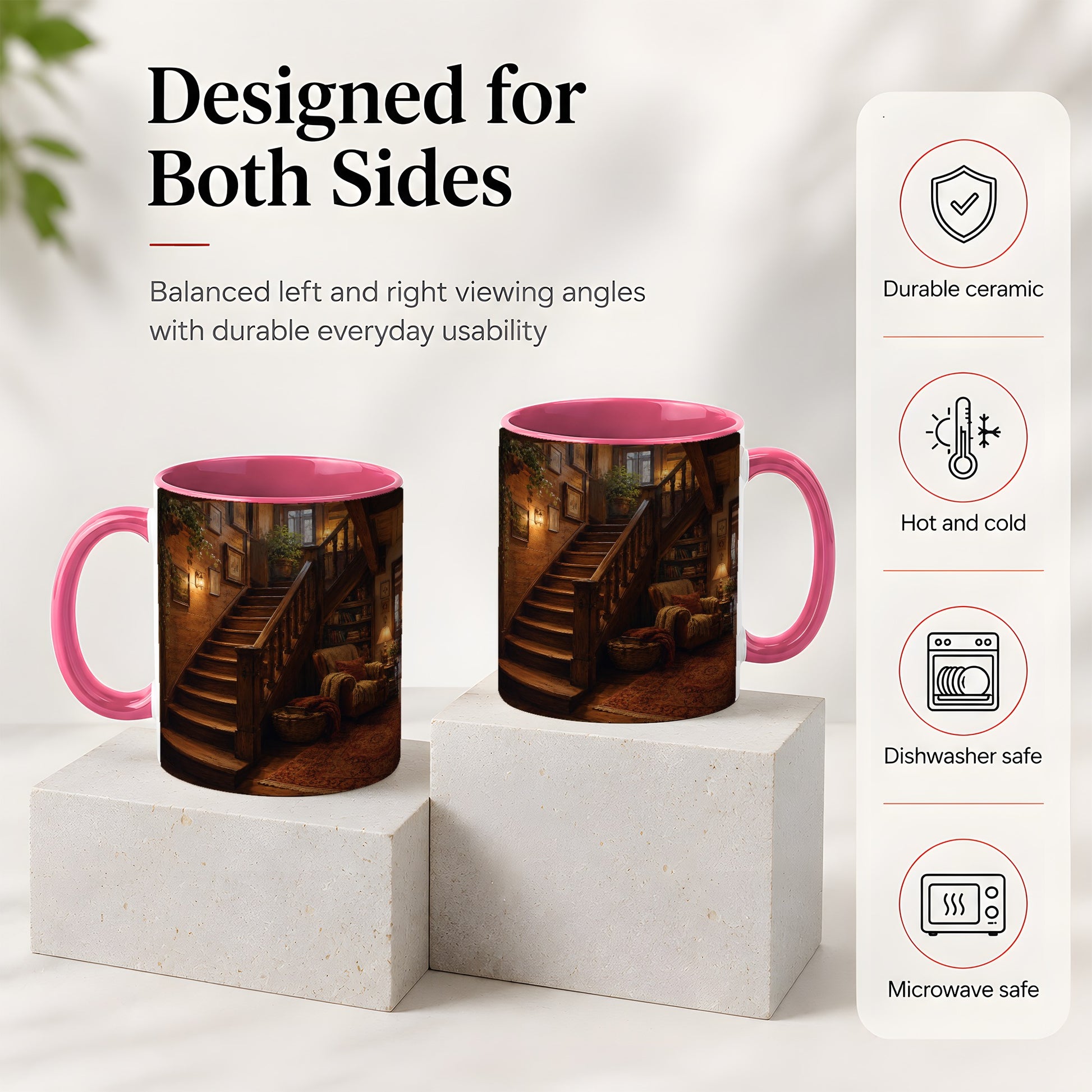 #pl[11oz|Pink] Cozy Wooden Staircase Ceramic Mug, Warm Cottage Interior Art