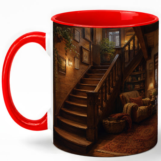 Cozy Wooden Staircase Ceramic Mug, Warm Cottage Interior Art
