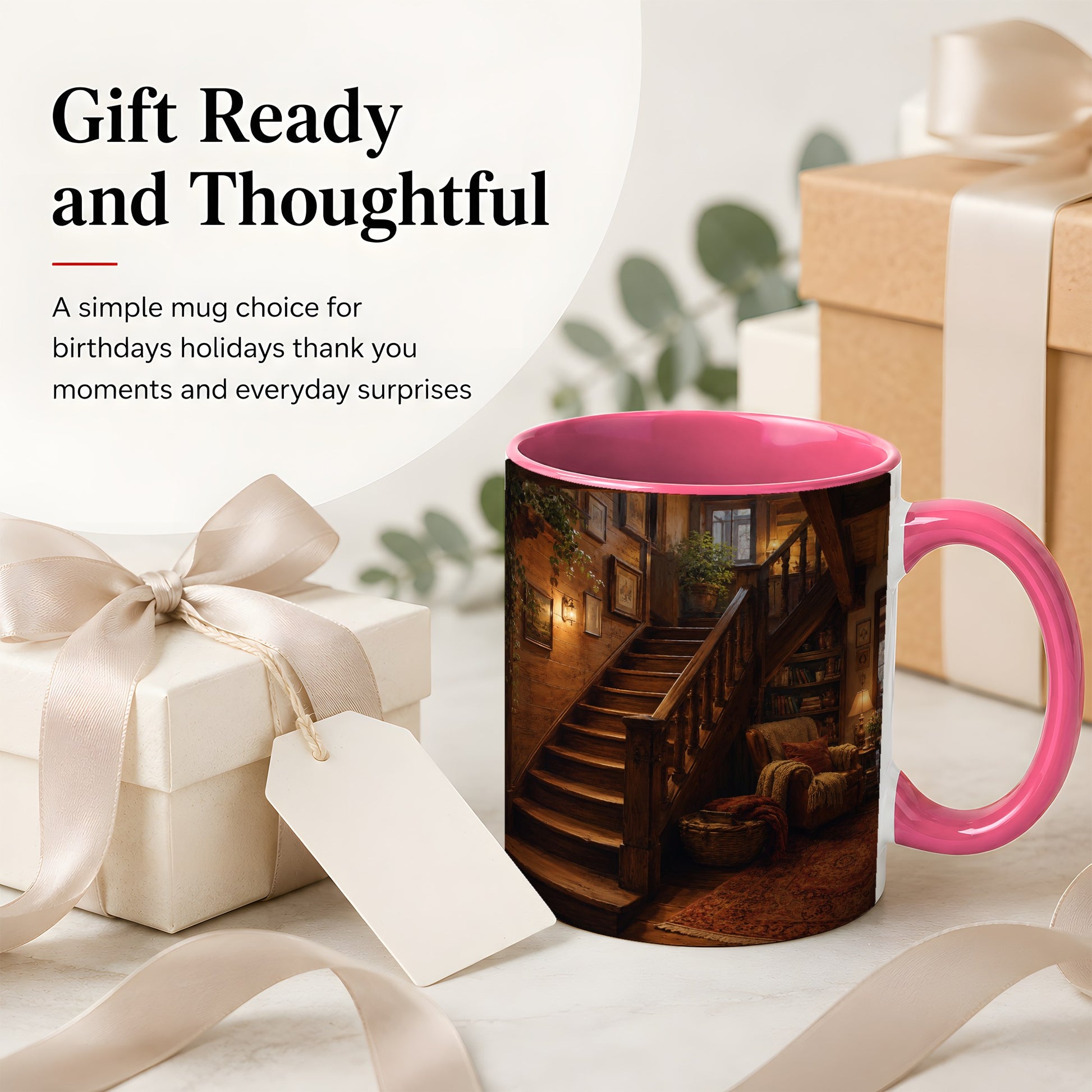 #pl[11oz|Pink] Cozy Wooden Staircase Ceramic Mug, Warm Cottage Interior Art