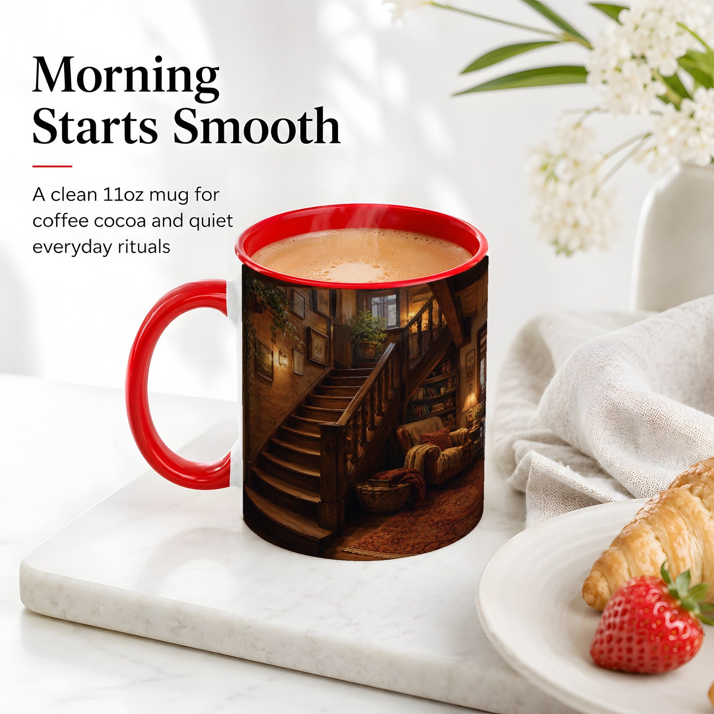 #pl[11oz|Red] Cozy Wooden Staircase Ceramic Mug, Warm Cottage Interior Art
