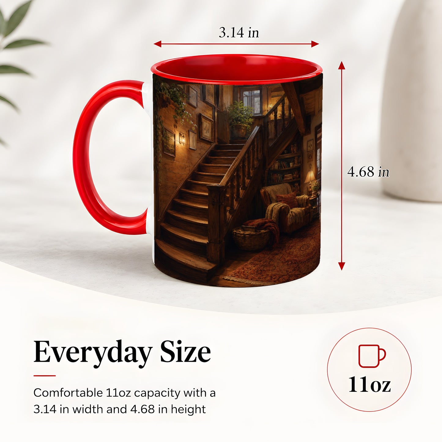 #pl[11oz|Red] Cozy Wooden Staircase Ceramic Mug, Warm Cottage Interior Art