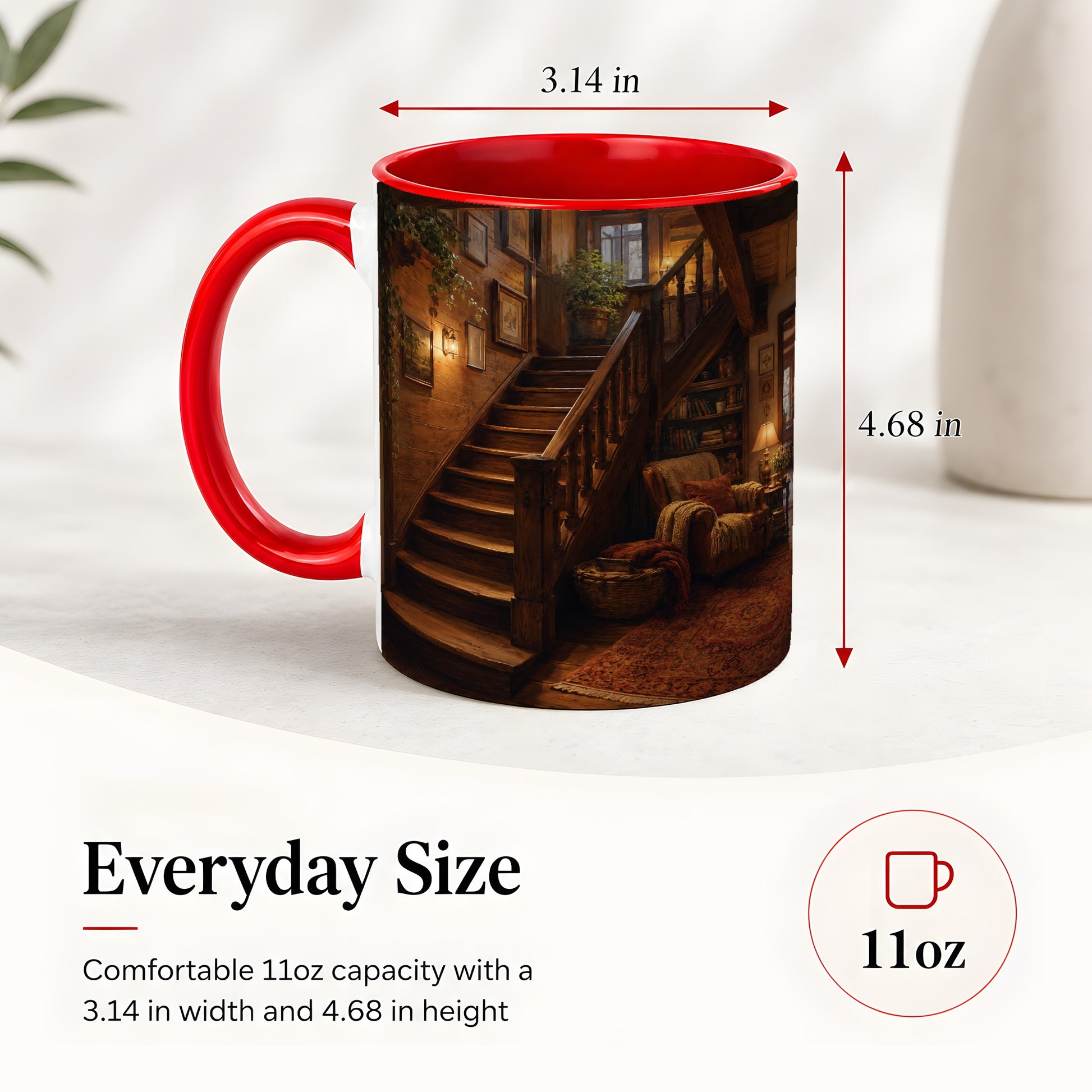 #pl[11oz|Red] Cozy Wooden Staircase Ceramic Mug, Warm Cottage Interior Art