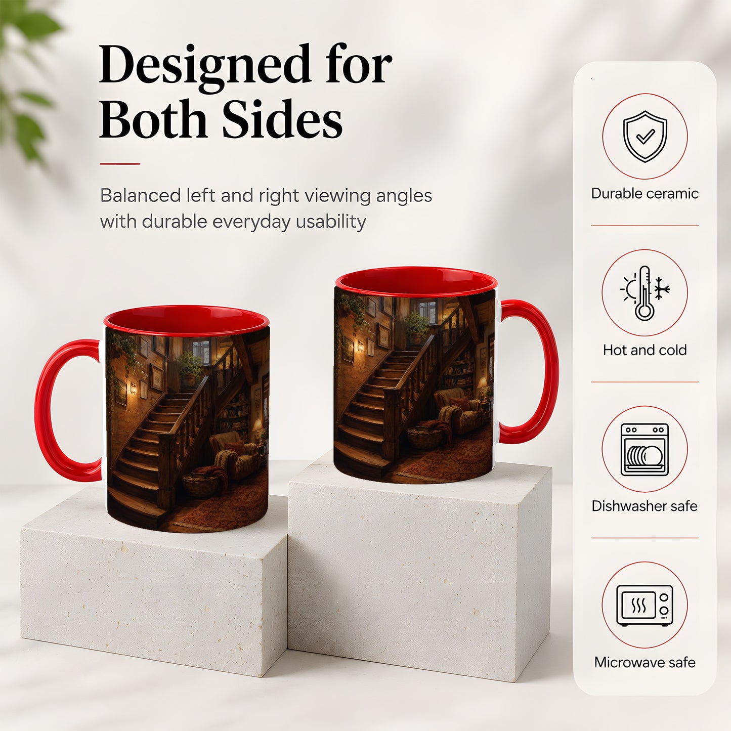 #pl[11oz|Red] Cozy Wooden Staircase Ceramic Mug, Warm Cottage Interior Art