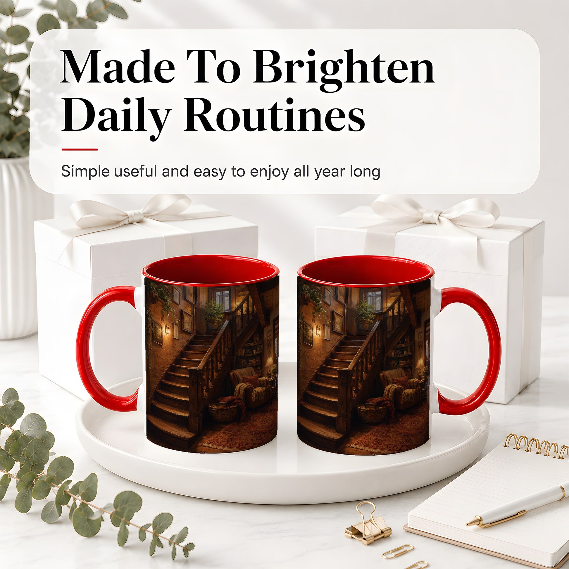 #pl[11oz|Red] Cozy Wooden Staircase Ceramic Mug, Warm Cottage Interior Art