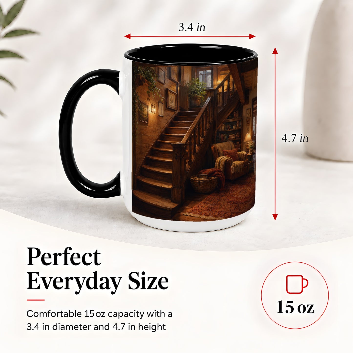 #pl[15oz|Black] Cozy Wooden Staircase Ceramic Mug, Warm Cottage Interior Art