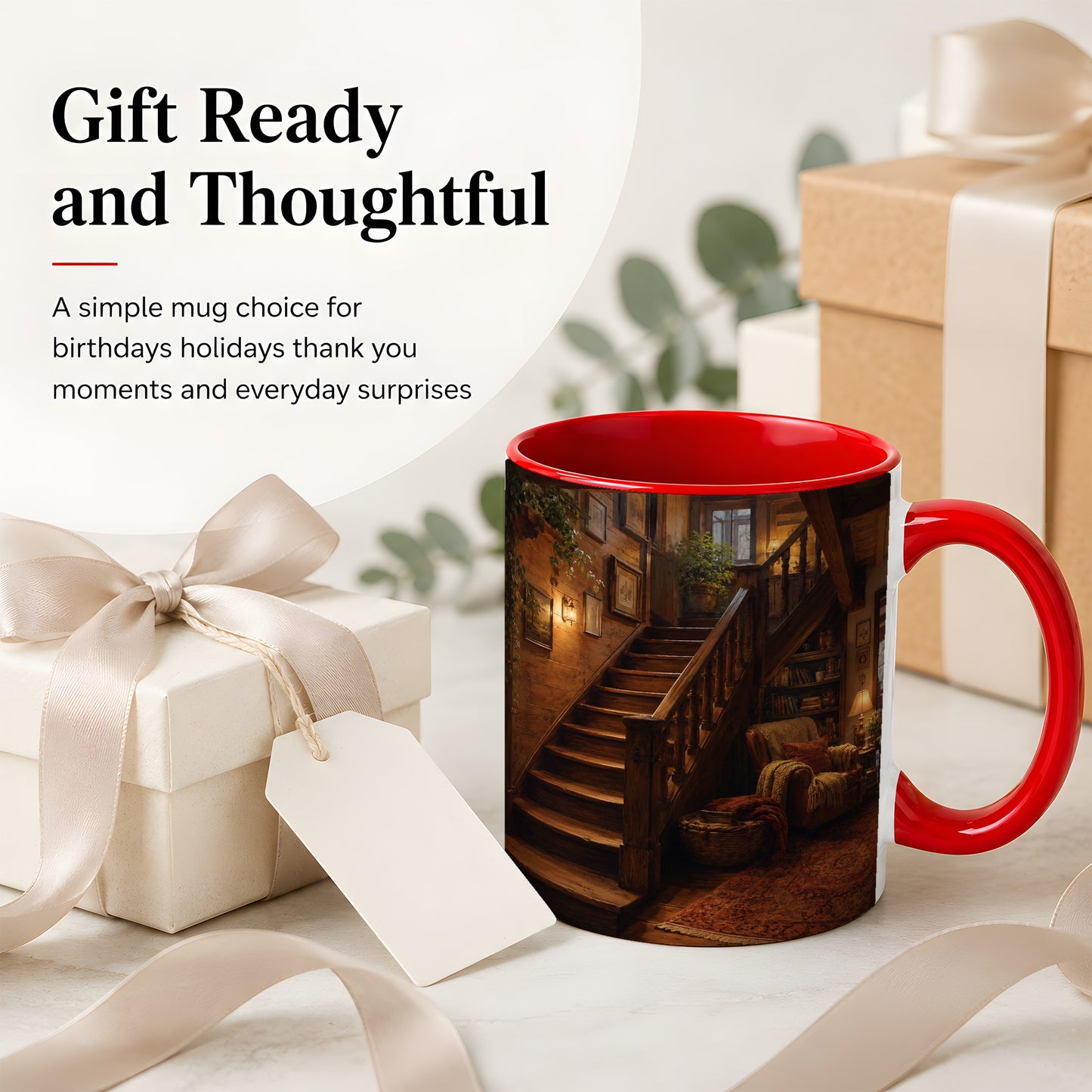 #pl[11oz|Red] Cozy Wooden Staircase Ceramic Mug, Warm Cottage Interior Art