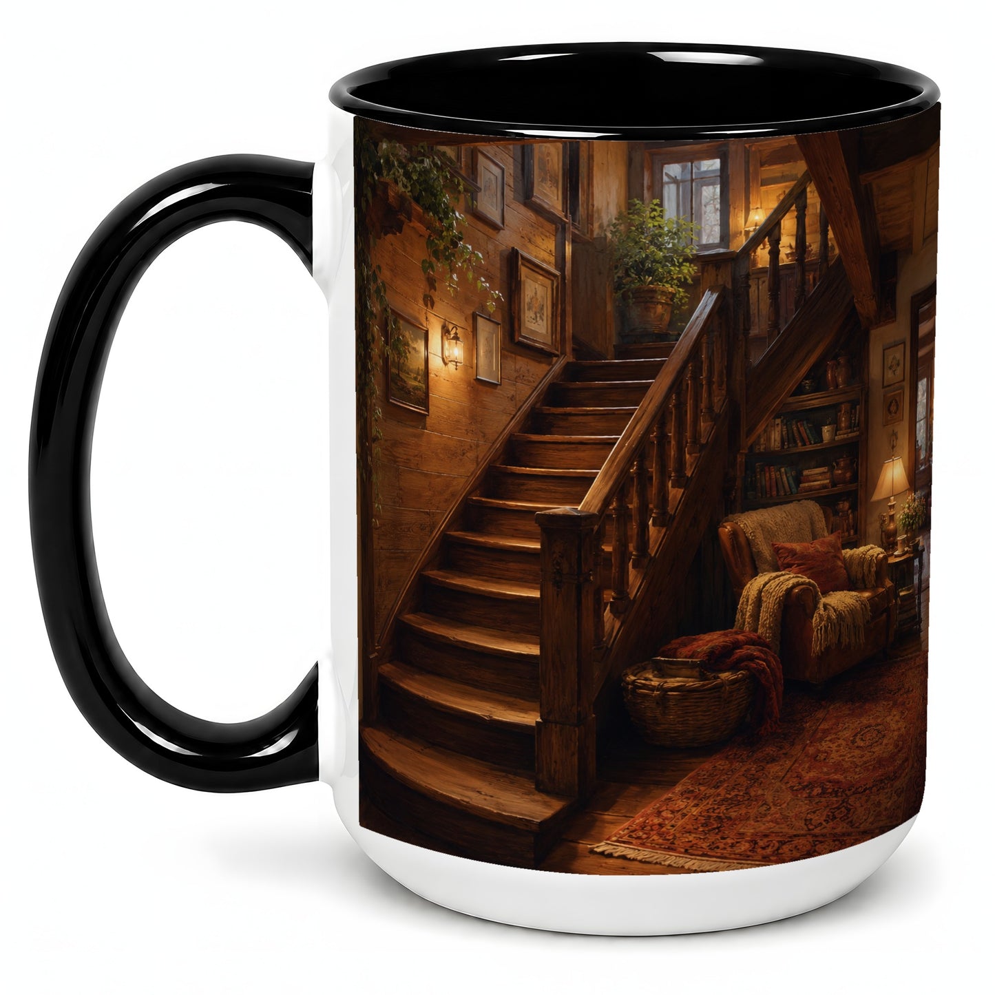 #pl[15oz|Black] Cozy Wooden Staircase Ceramic Mug, Warm Cottage Interior Art
