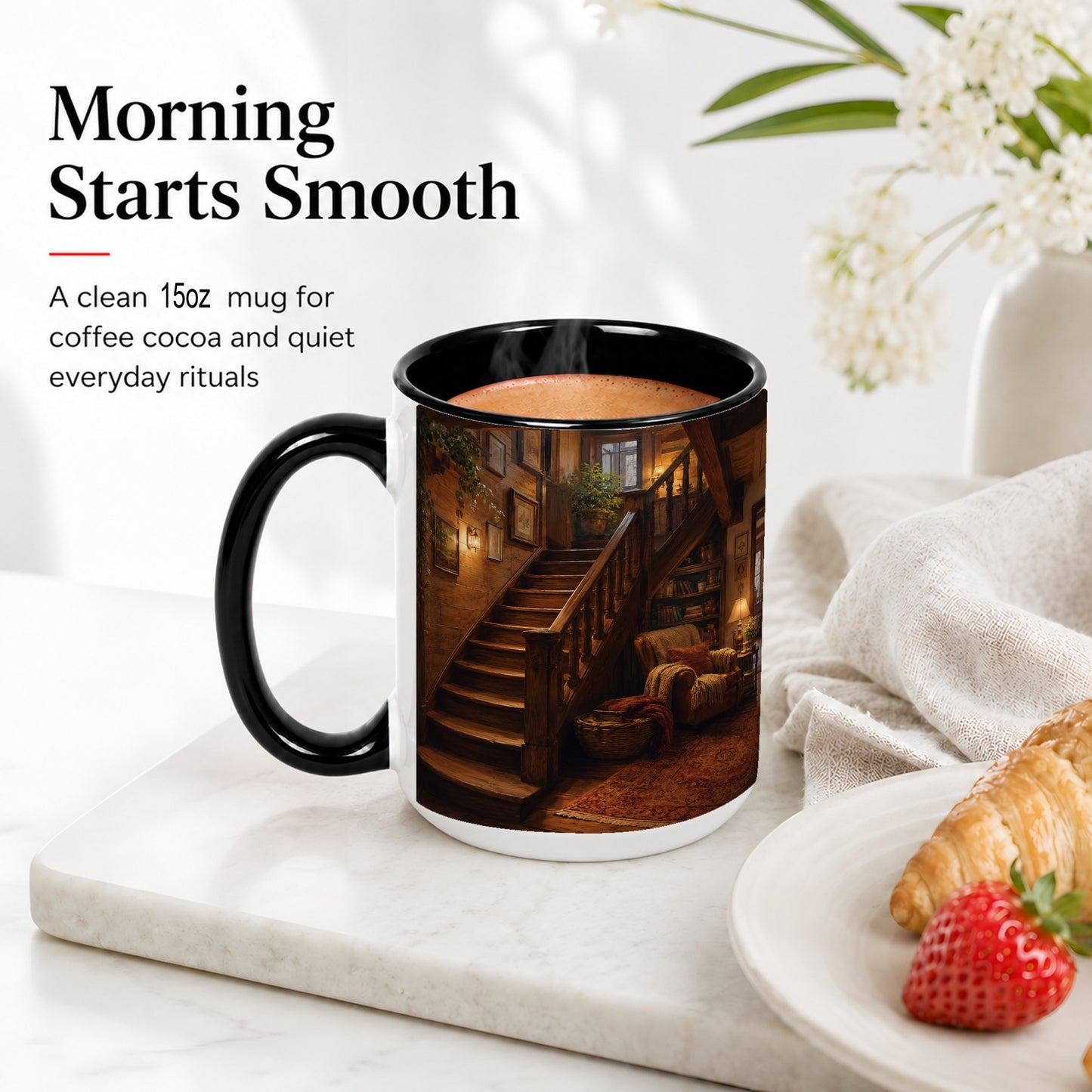 #pl[15oz|Black] Cozy Wooden Staircase Ceramic Mug, Warm Cottage Interior Art