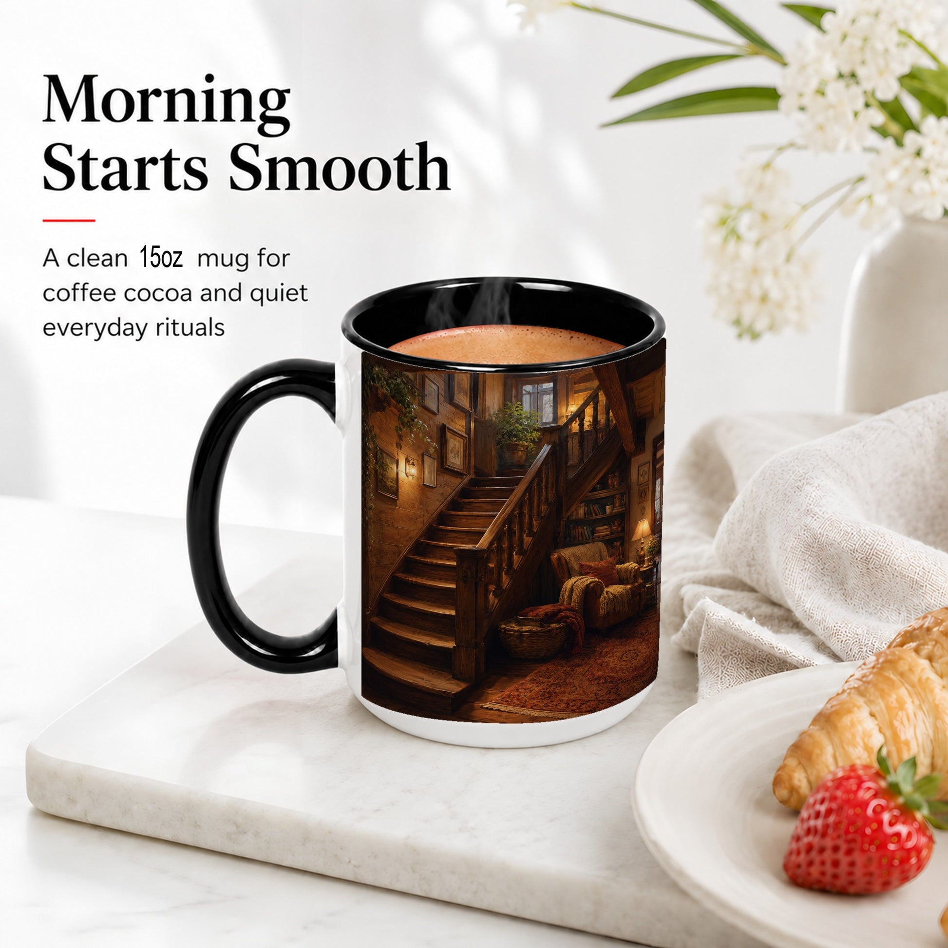 #pl[15oz|Black] Cozy Wooden Staircase Ceramic Mug, Warm Cottage Interior Art