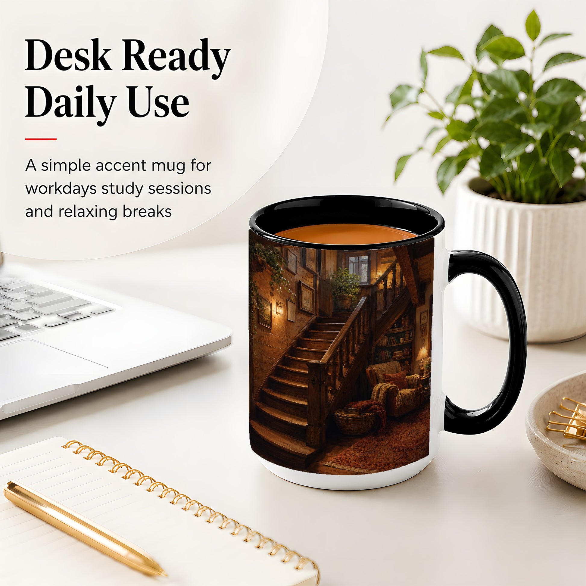 #pl[15oz|Black] Cozy Wooden Staircase Ceramic Mug, Warm Cottage Interior Art