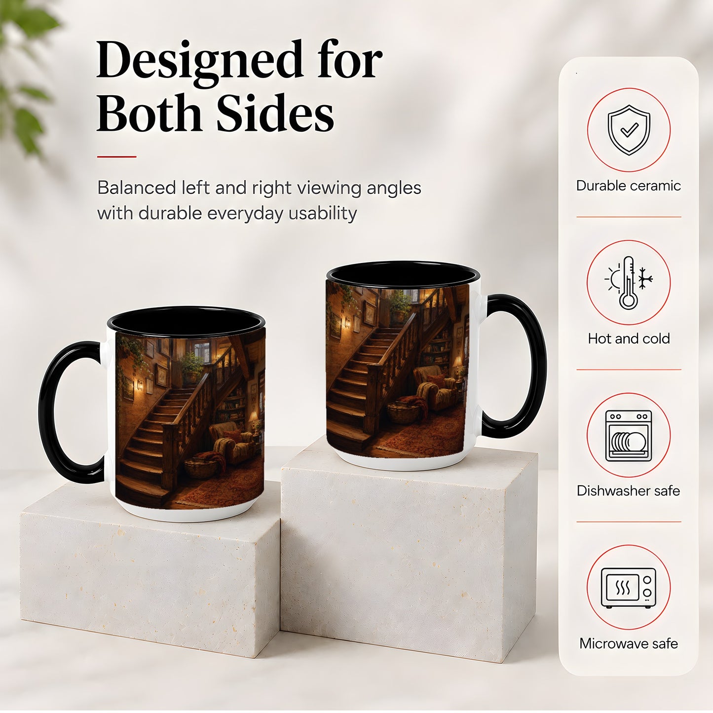 #pl[15oz|Black] Cozy Wooden Staircase Ceramic Mug, Warm Cottage Interior Art