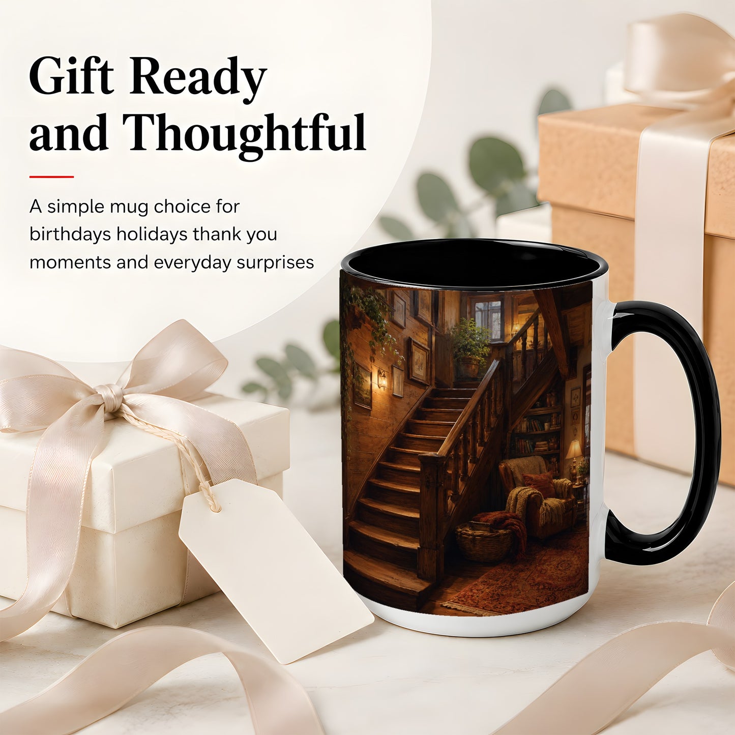 #pl[15oz|Black] Cozy Wooden Staircase Ceramic Mug, Warm Cottage Interior Art