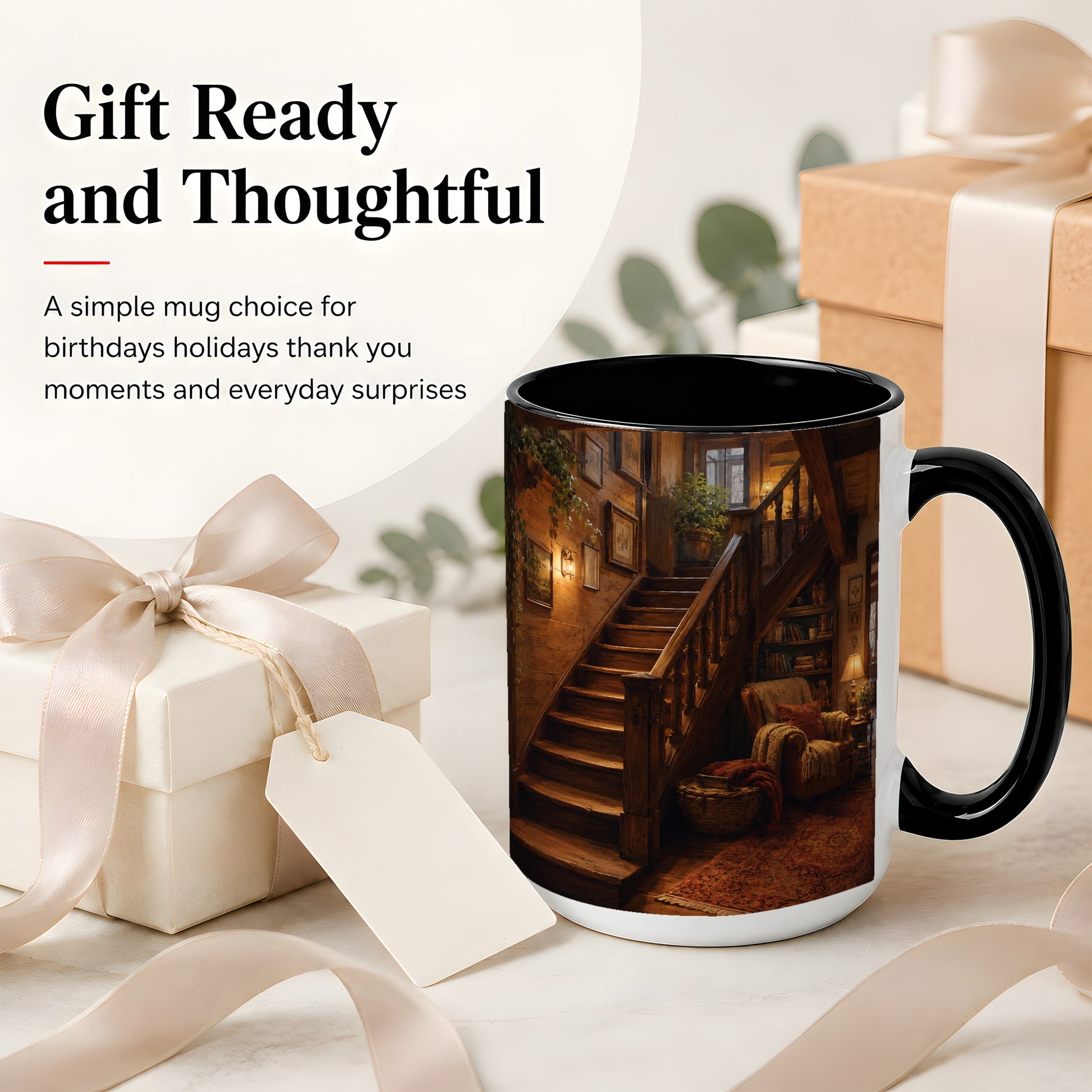 #pl[15oz|Black] Cozy Wooden Staircase Ceramic Mug, Warm Cottage Interior Art