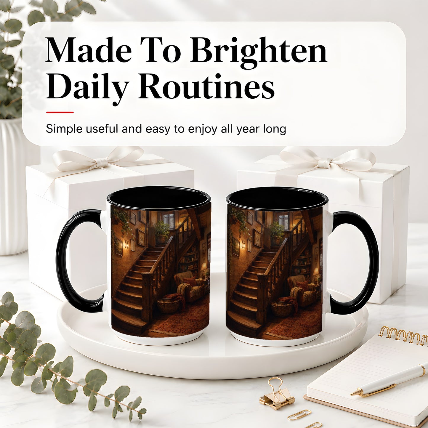 #pl[15oz|Black] Cozy Wooden Staircase Ceramic Mug, Warm Cottage Interior Art