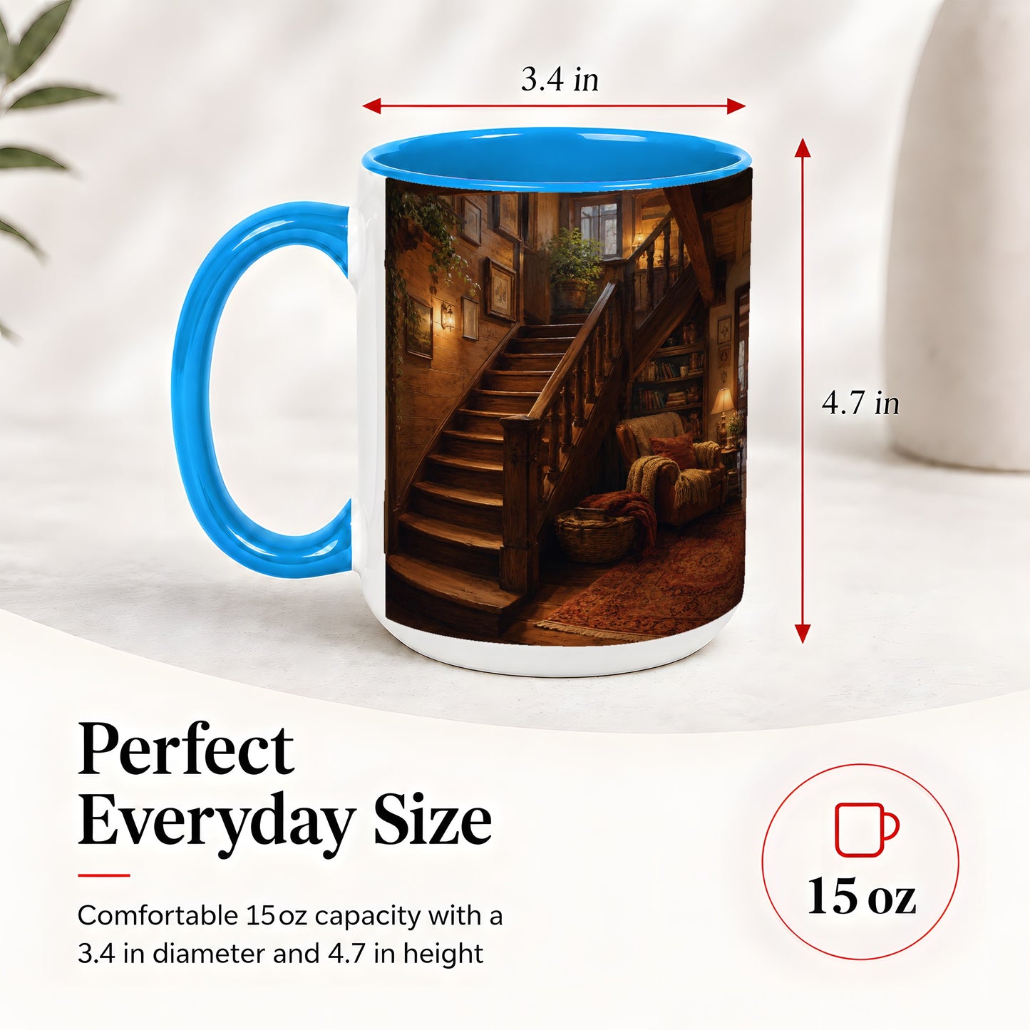 #pl[15oz|Blue] Cozy Wooden Staircase Ceramic Mug, Warm Cottage Interior Art