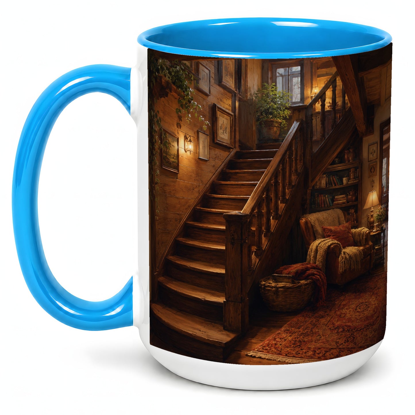 #pl[15oz|Blue] Cozy Wooden Staircase Ceramic Mug, Warm Cottage Interior Art
