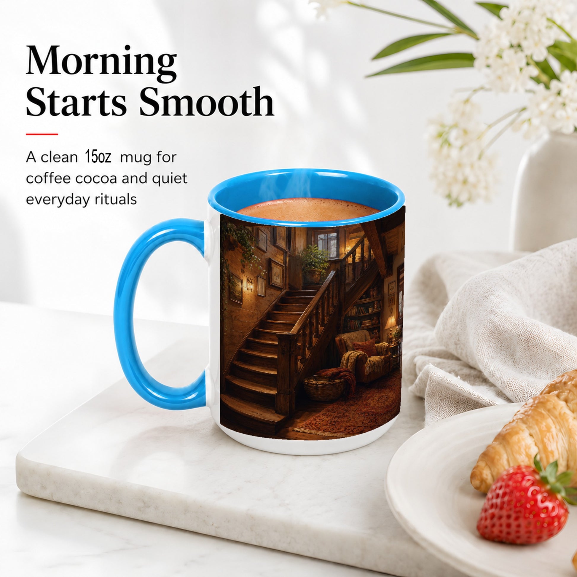 #pl[15oz|Blue] Cozy Wooden Staircase Ceramic Mug, Warm Cottage Interior Art
