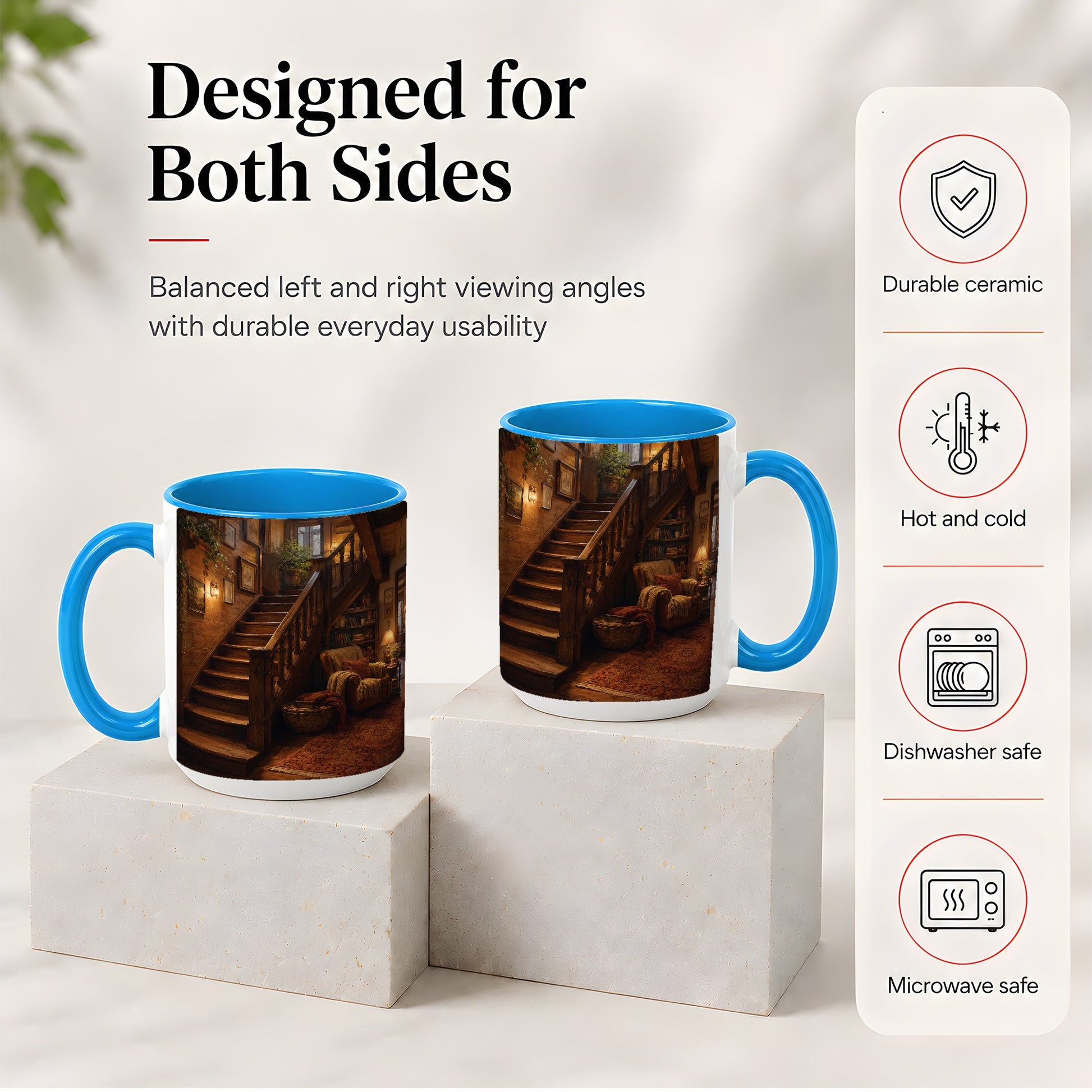 #pl[15oz|Blue] Cozy Wooden Staircase Ceramic Mug, Warm Cottage Interior Art