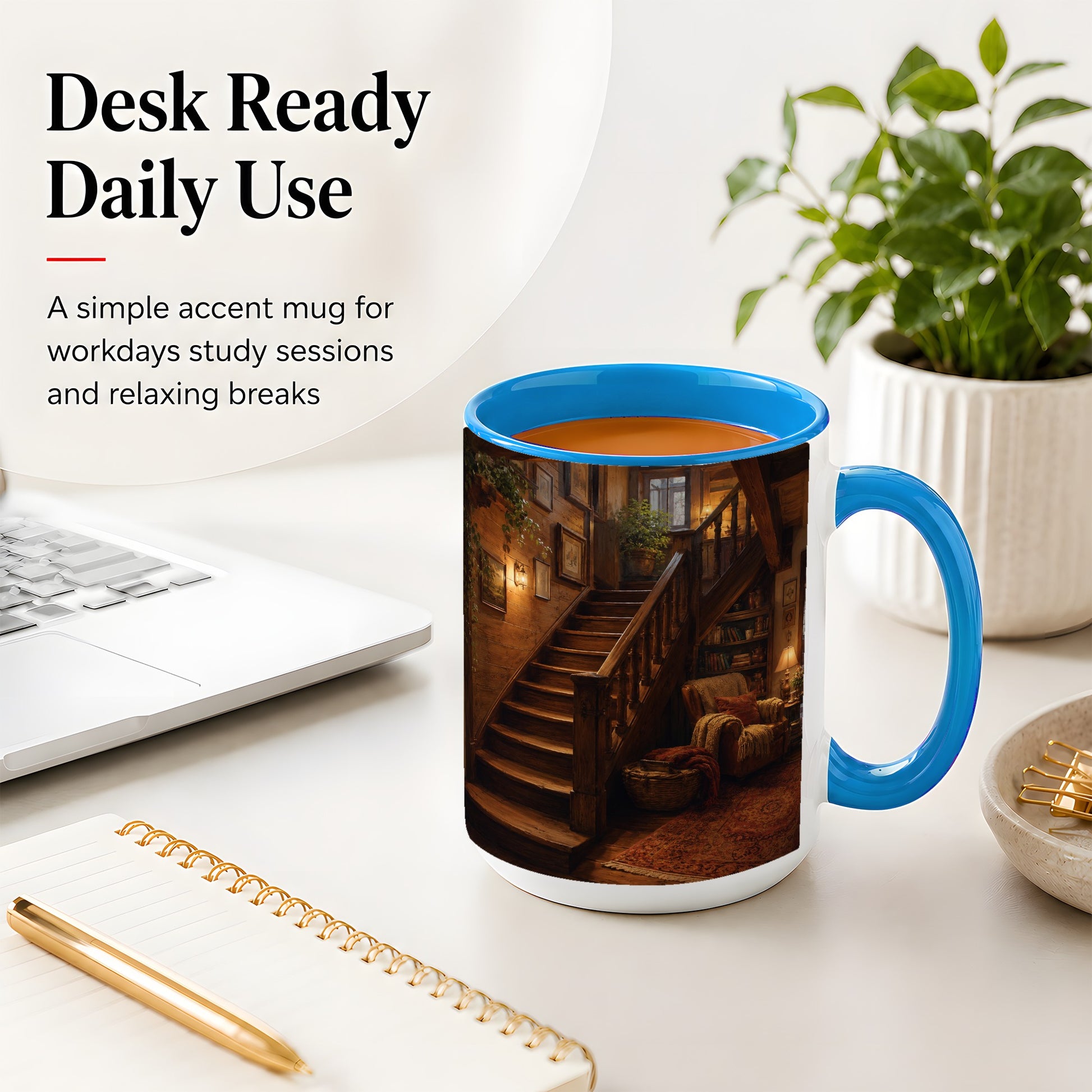 #pl[15oz|Blue] Cozy Wooden Staircase Ceramic Mug, Warm Cottage Interior Art