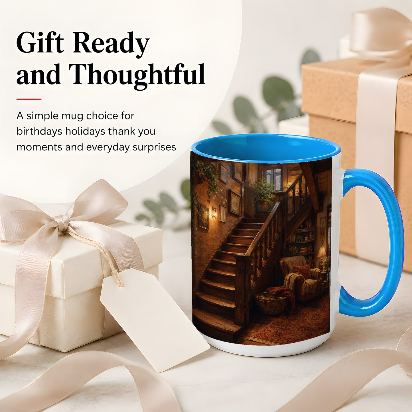#pl[15oz|Blue] Cozy Wooden Staircase Ceramic Mug, Warm Cottage Interior Art