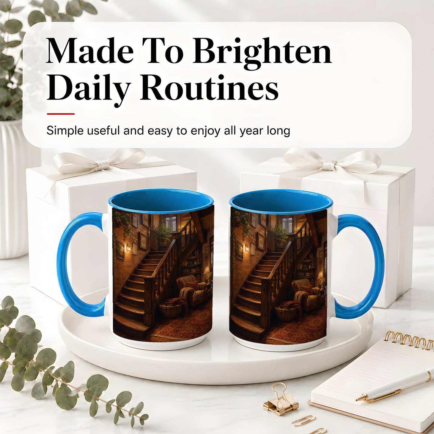 #pl[15oz|Blue] Cozy Wooden Staircase Ceramic Mug, Warm Cottage Interior Art