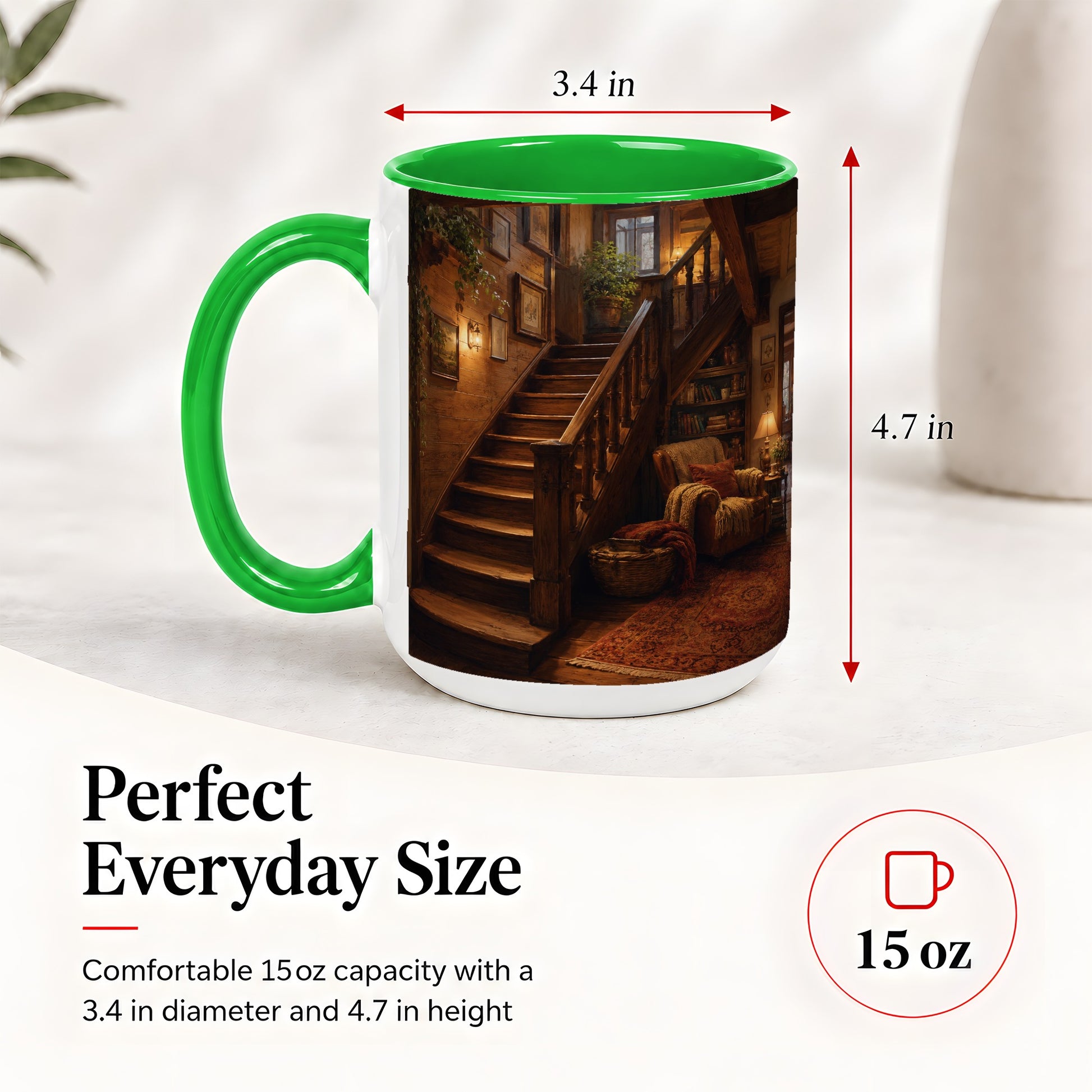 #pl[15oz|Green] Cozy Wooden Staircase Ceramic Mug, Warm Cottage Interior Art