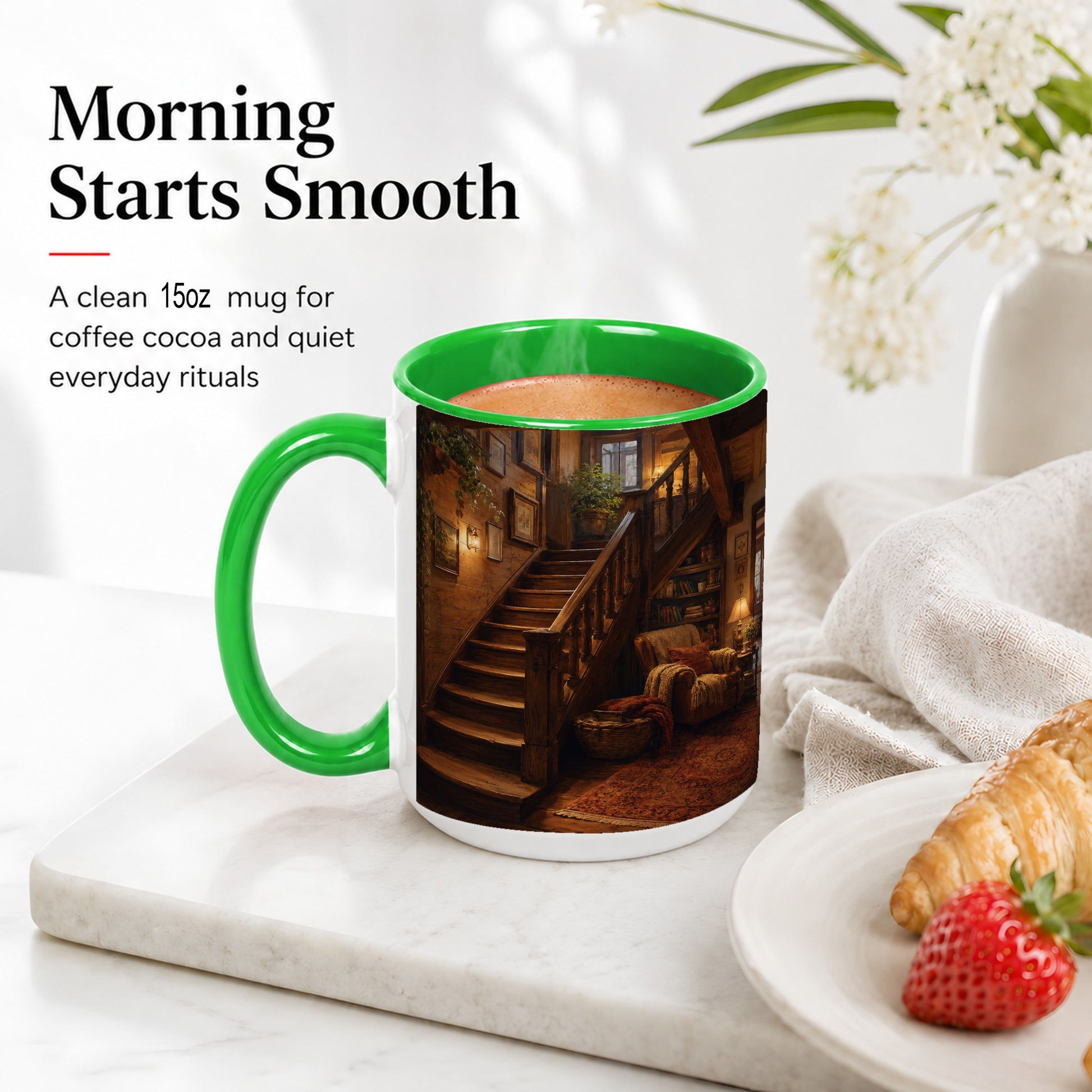 #pl[15oz|Green] Cozy Wooden Staircase Ceramic Mug, Warm Cottage Interior Art