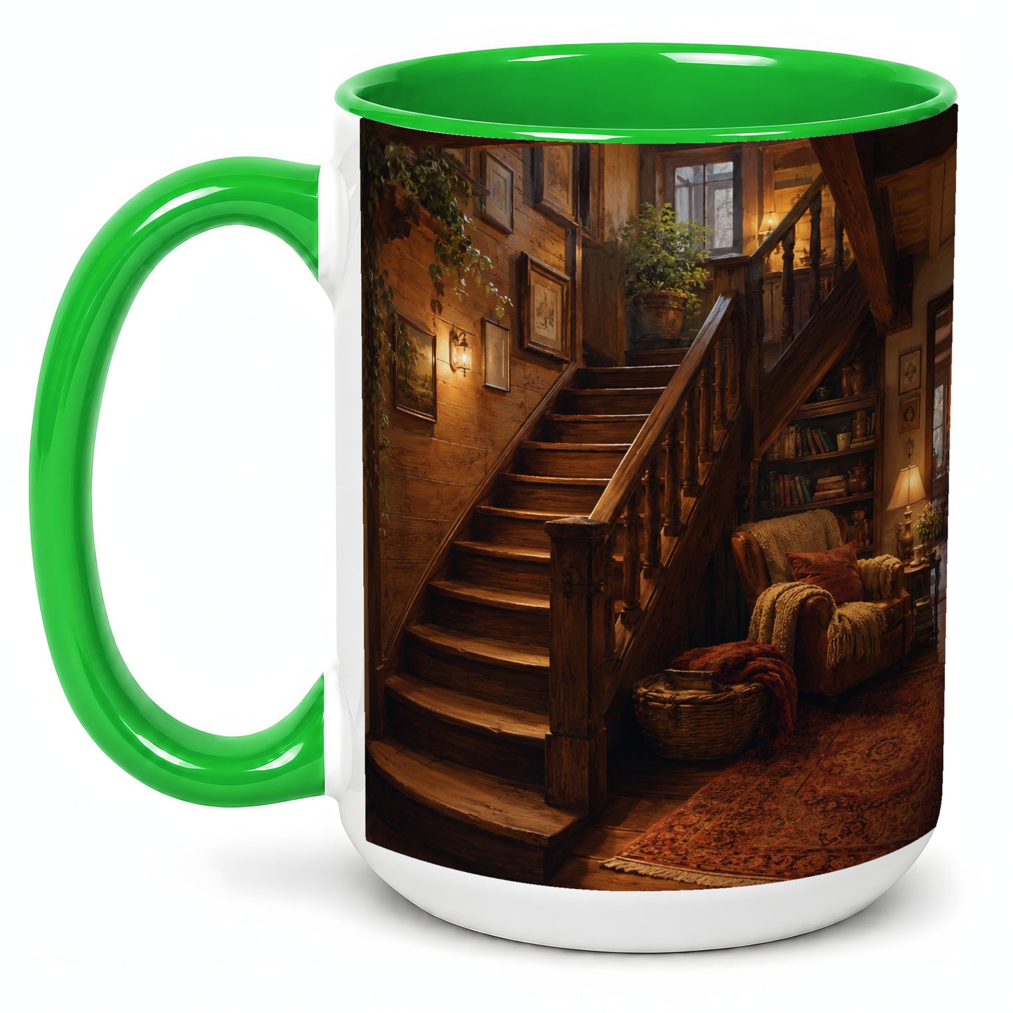 #pl[15oz|Green] Cozy Wooden Staircase Ceramic Mug, Warm Cottage Interior Art