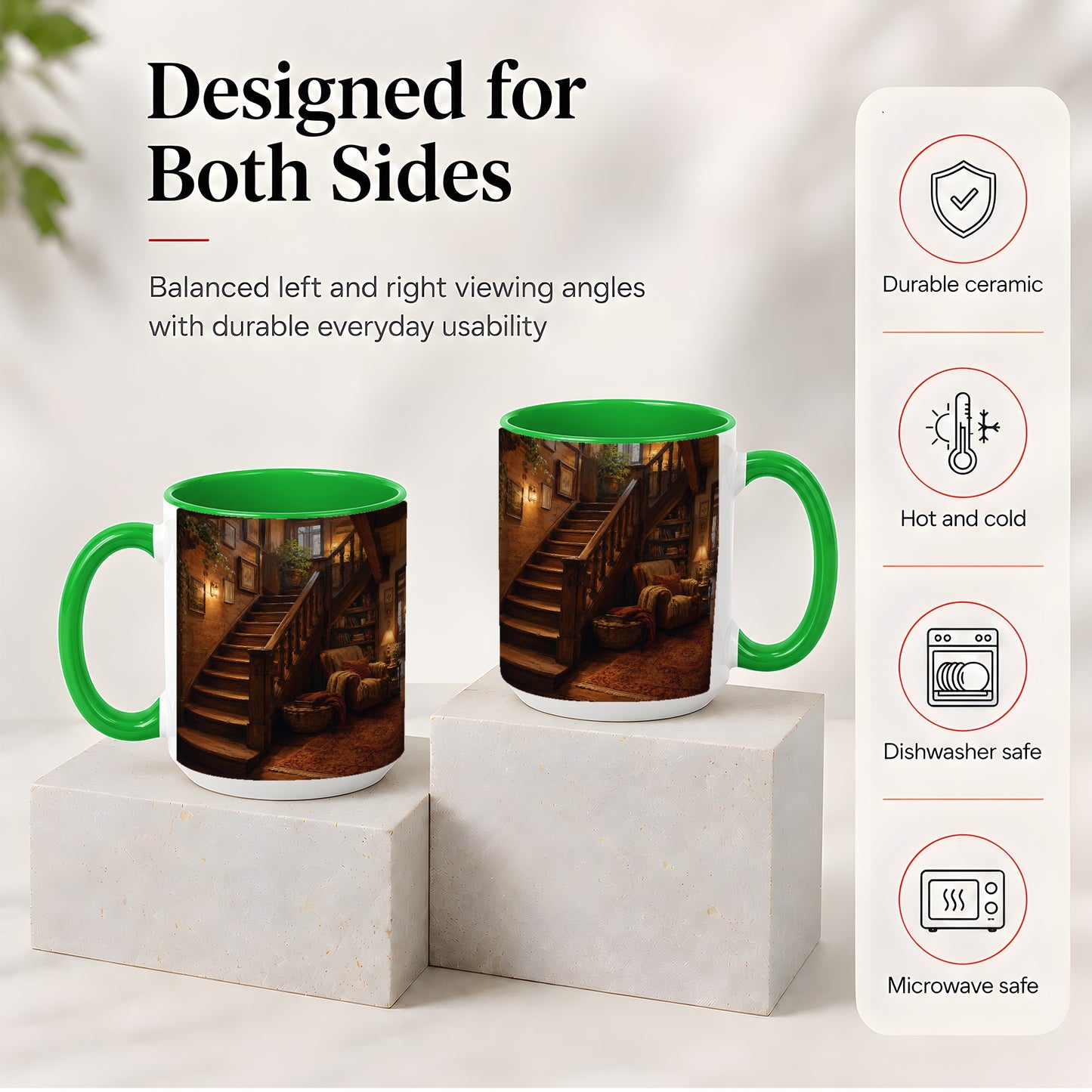 #pl[15oz|Green] Cozy Wooden Staircase Ceramic Mug, Warm Cottage Interior Art