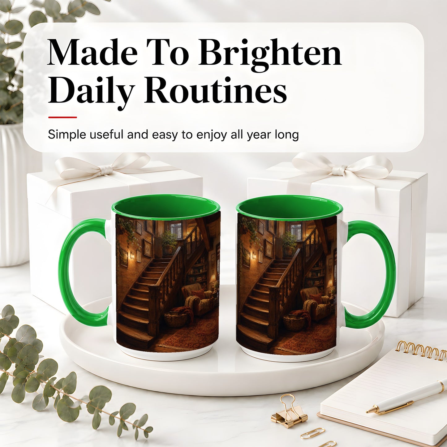 #pl[15oz|Green] Cozy Wooden Staircase Ceramic Mug, Warm Cottage Interior Art
