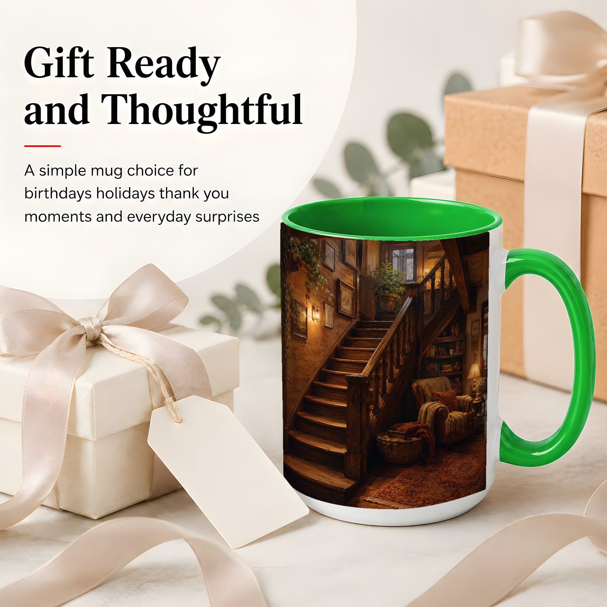 #pl[15oz|Green] Cozy Wooden Staircase Ceramic Mug, Warm Cottage Interior Art
