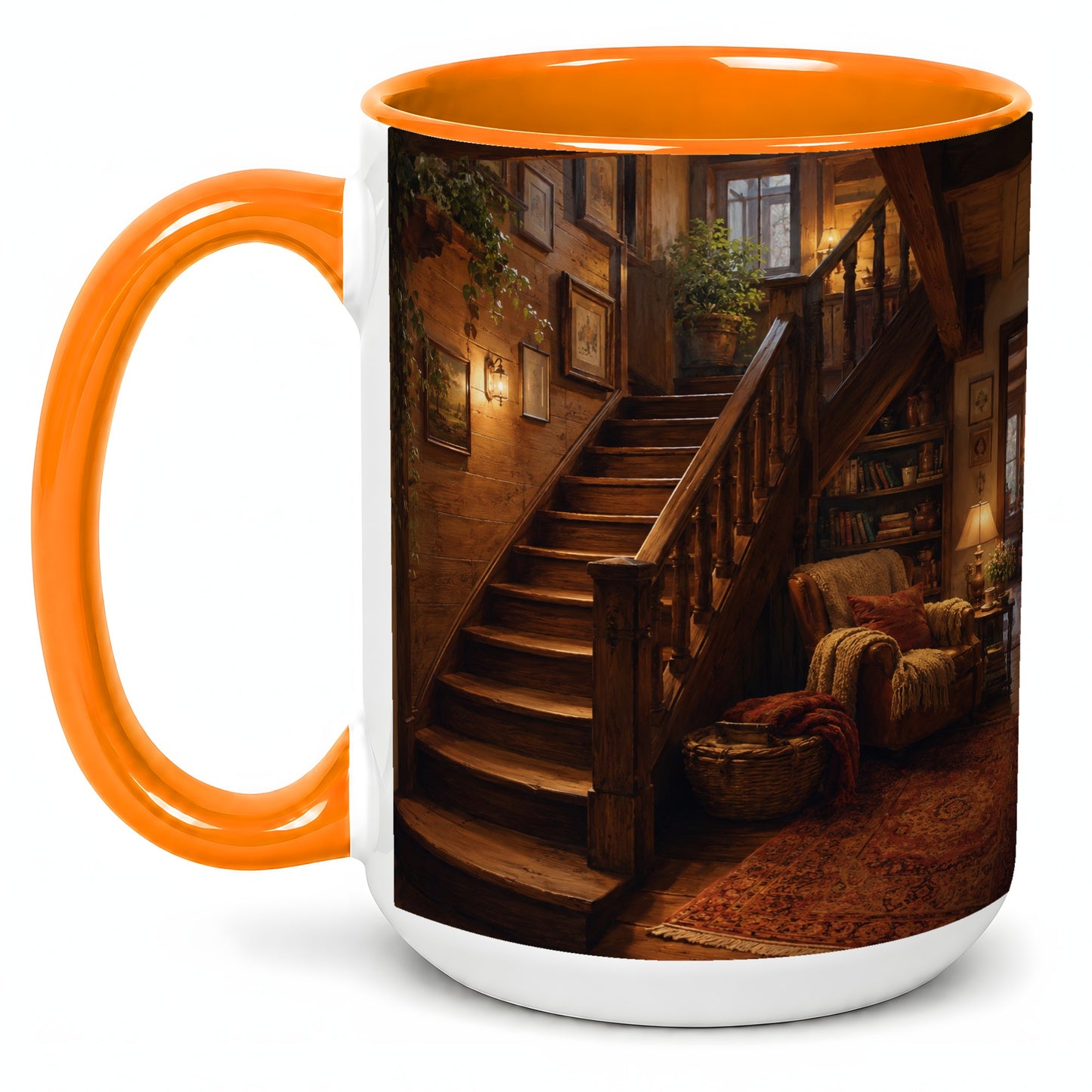 #pl[15oz|Orange] Cozy Wooden Staircase Ceramic Mug, Warm Cottage Interior Art