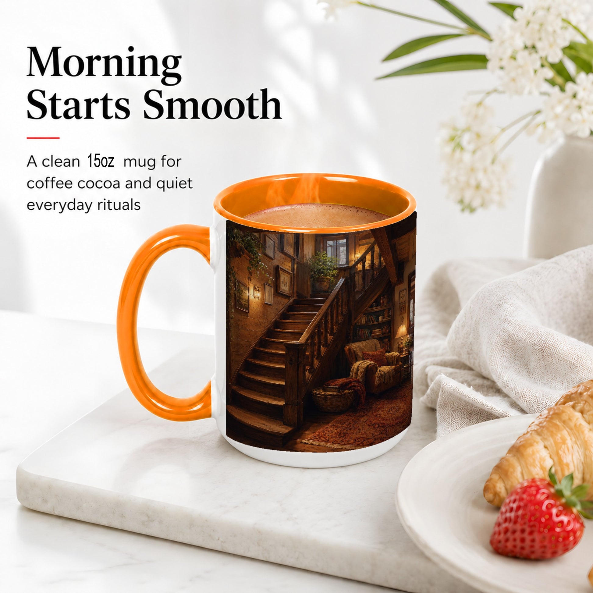 #pl[15oz|Orange] Cozy Wooden Staircase Ceramic Mug, Warm Cottage Interior Art