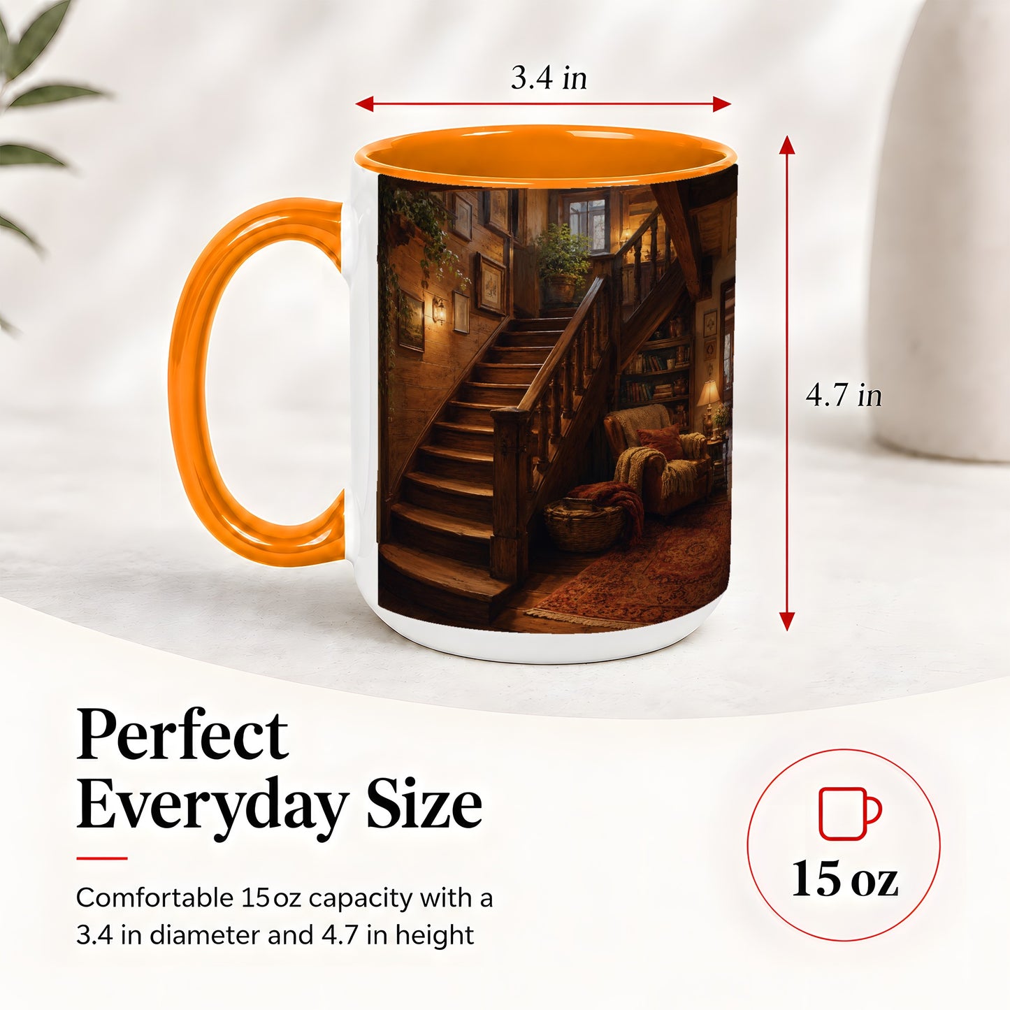 #pl[15oz|Orange] Cozy Wooden Staircase Ceramic Mug, Warm Cottage Interior Art