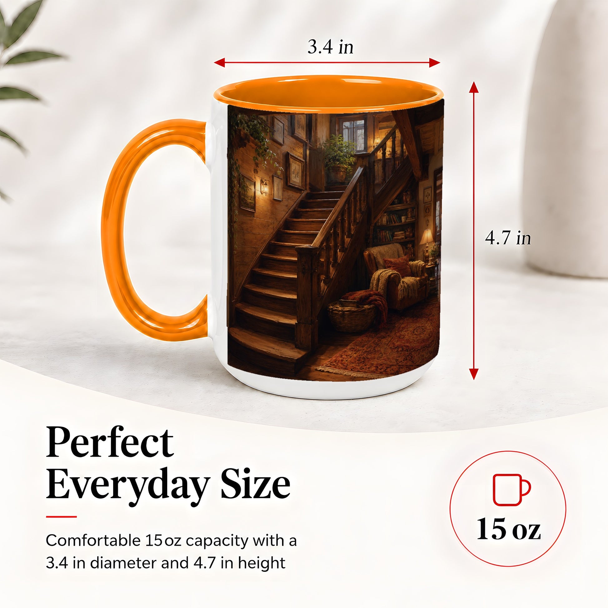 #pl[15oz|Orange] Cozy Wooden Staircase Ceramic Mug, Warm Cottage Interior Art