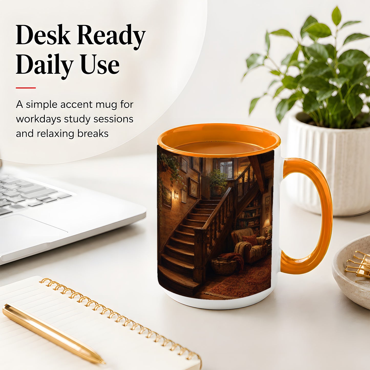 #pl[15oz|Orange] Cozy Wooden Staircase Ceramic Mug, Warm Cottage Interior Art